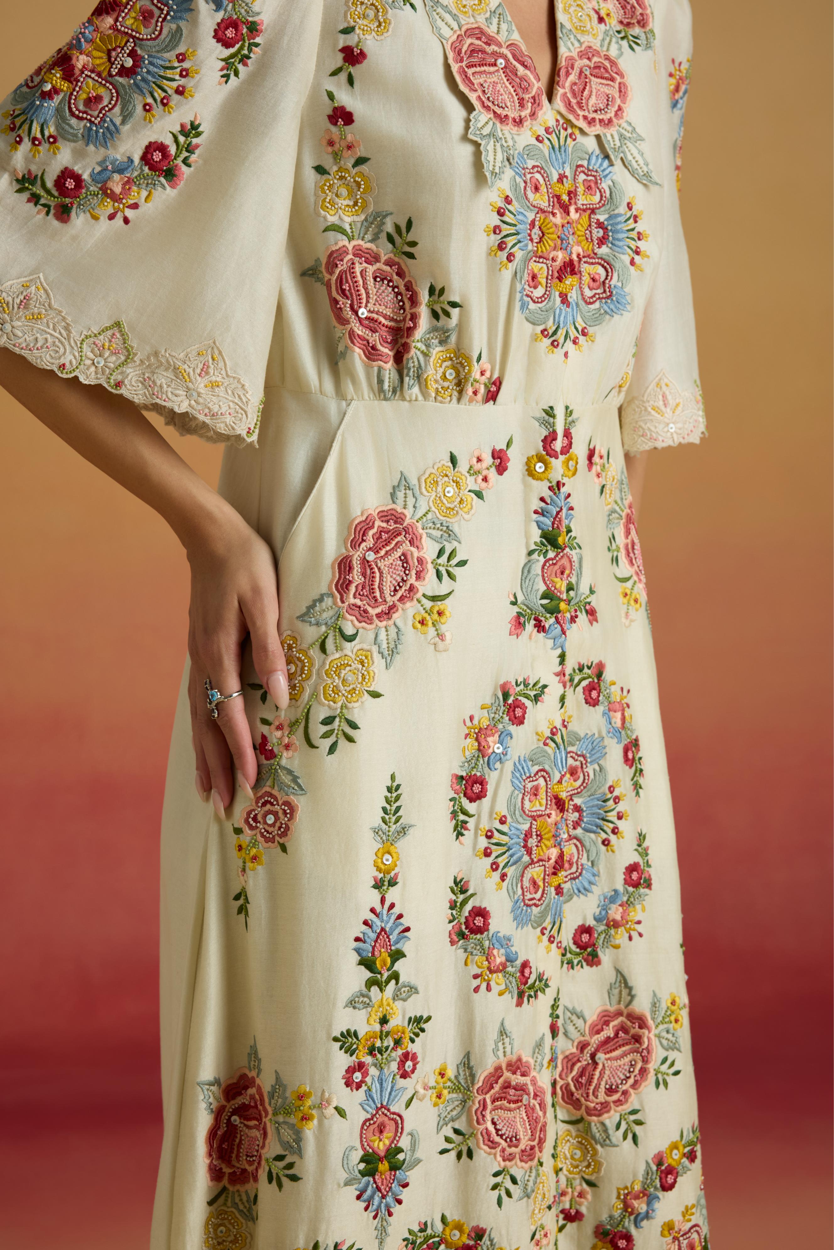 IVORY FLORAL THREADWORK SHIRT DRESS