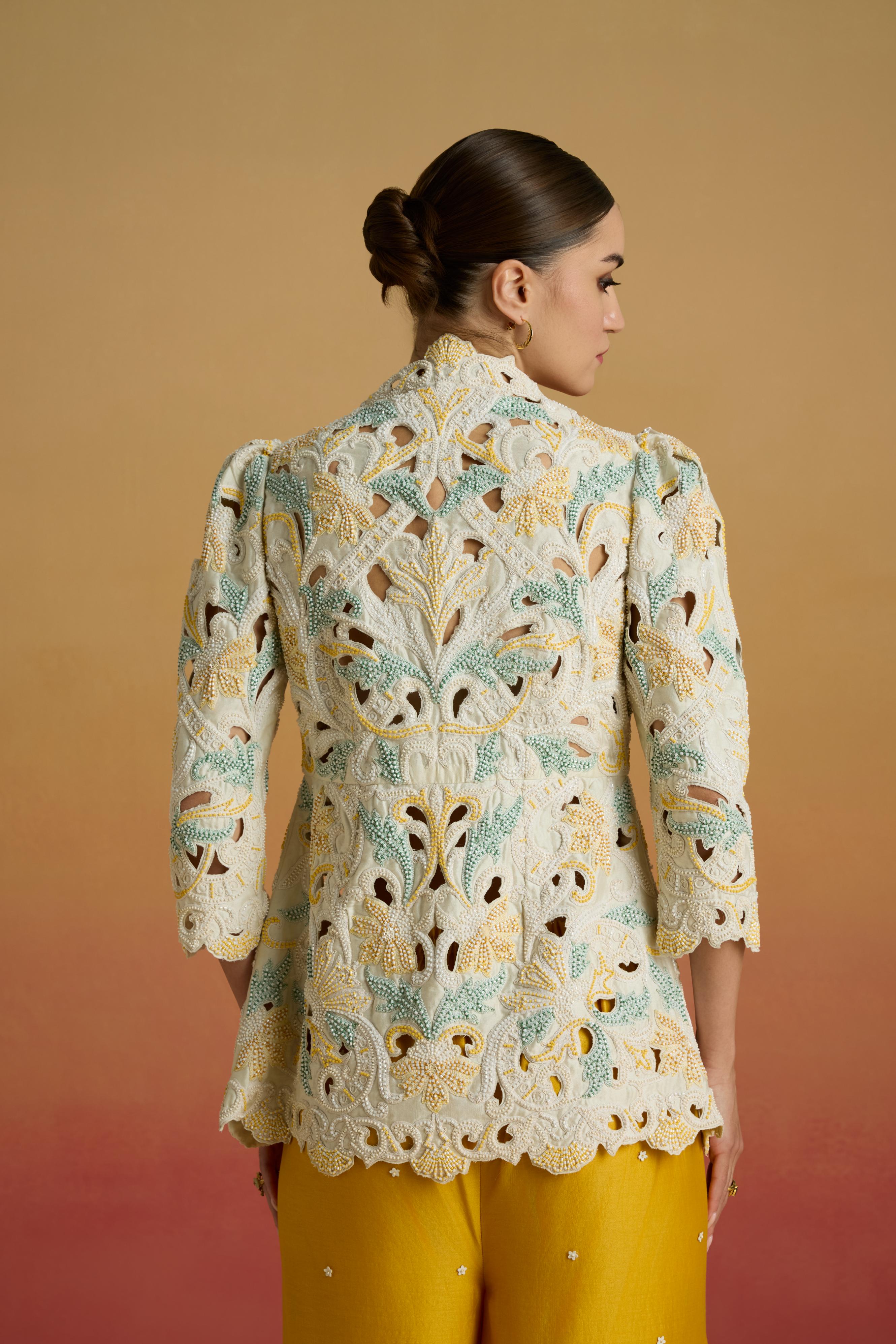 IVORY CORDWORK AND BEADWORK PEPLUM JACKET