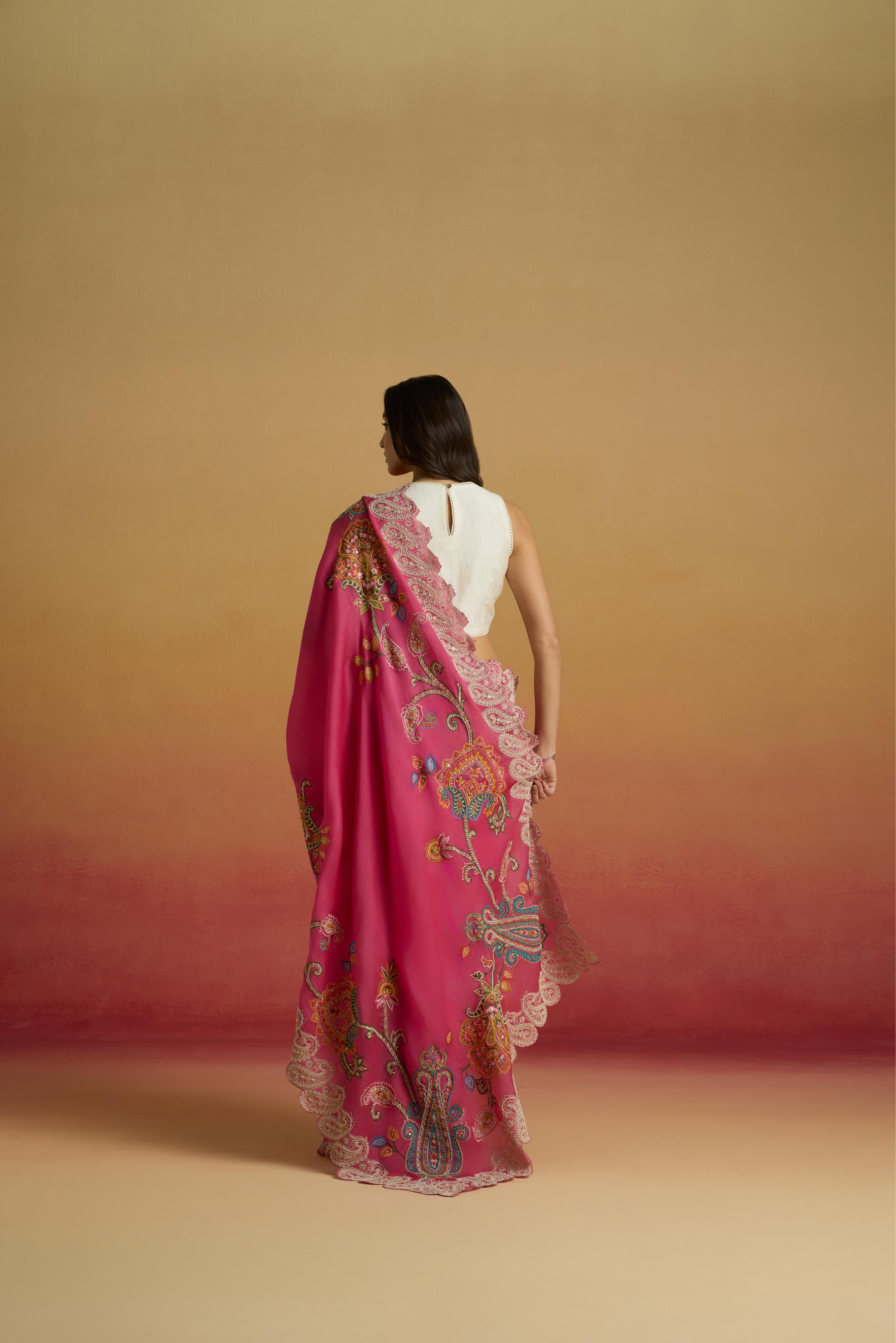 HOT PINK CONTRAST CORDWORK SAREE