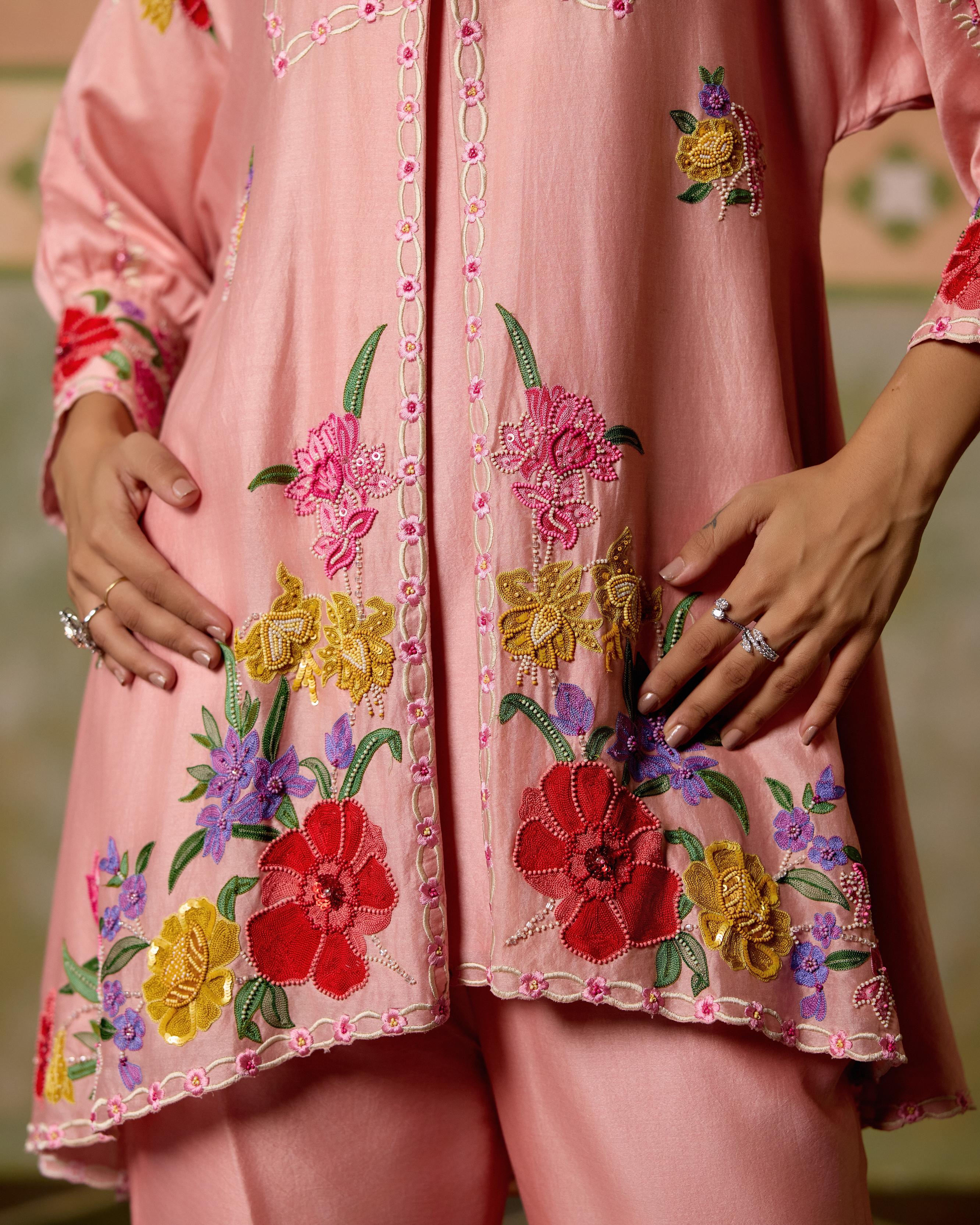 ROSE PINK THREADWORK AND BEADWORK TUNIC WITH SHEER DETAIL PANTS