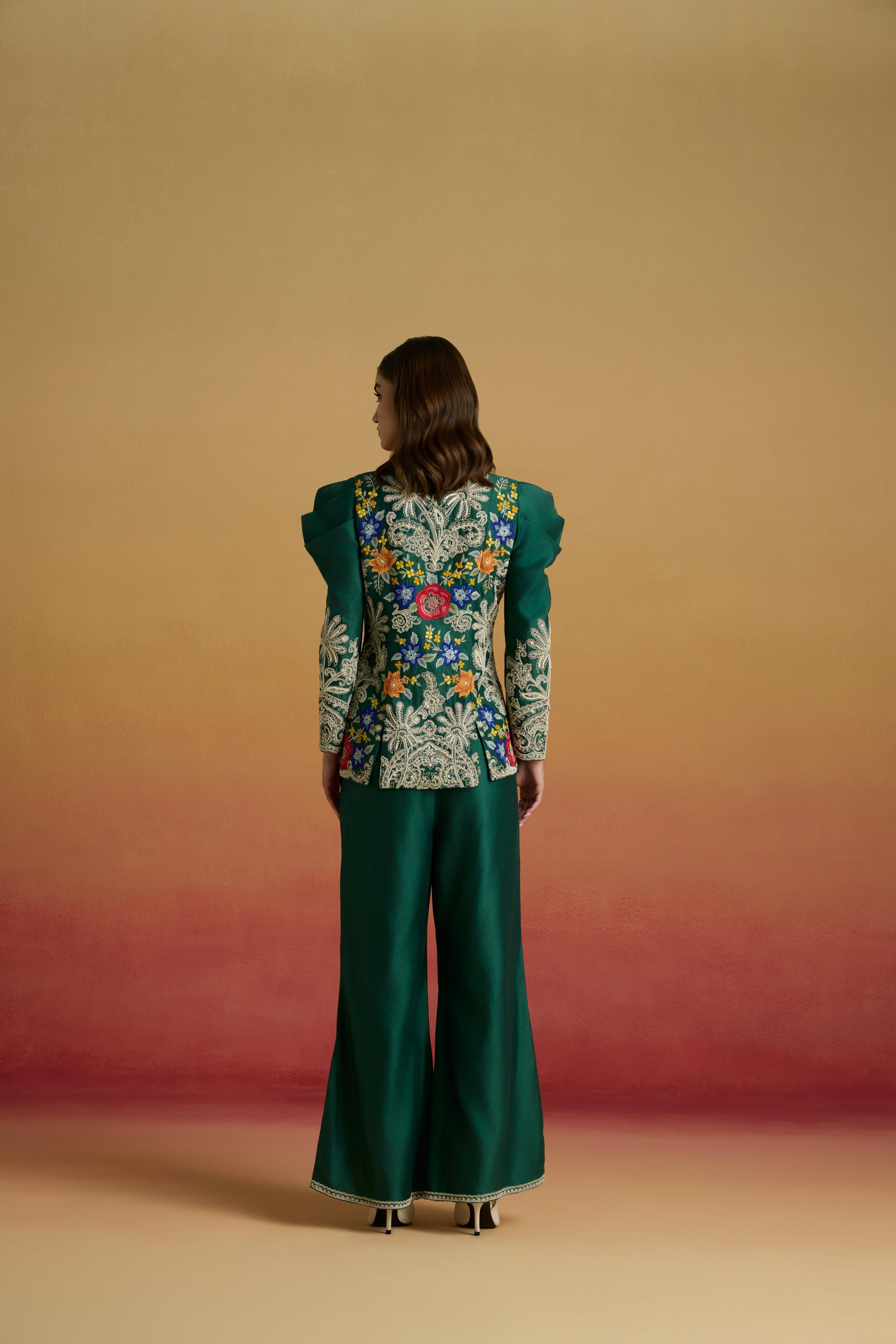 EMERALD CONTRAST CORDWORK BELL BOTTOM PANTS