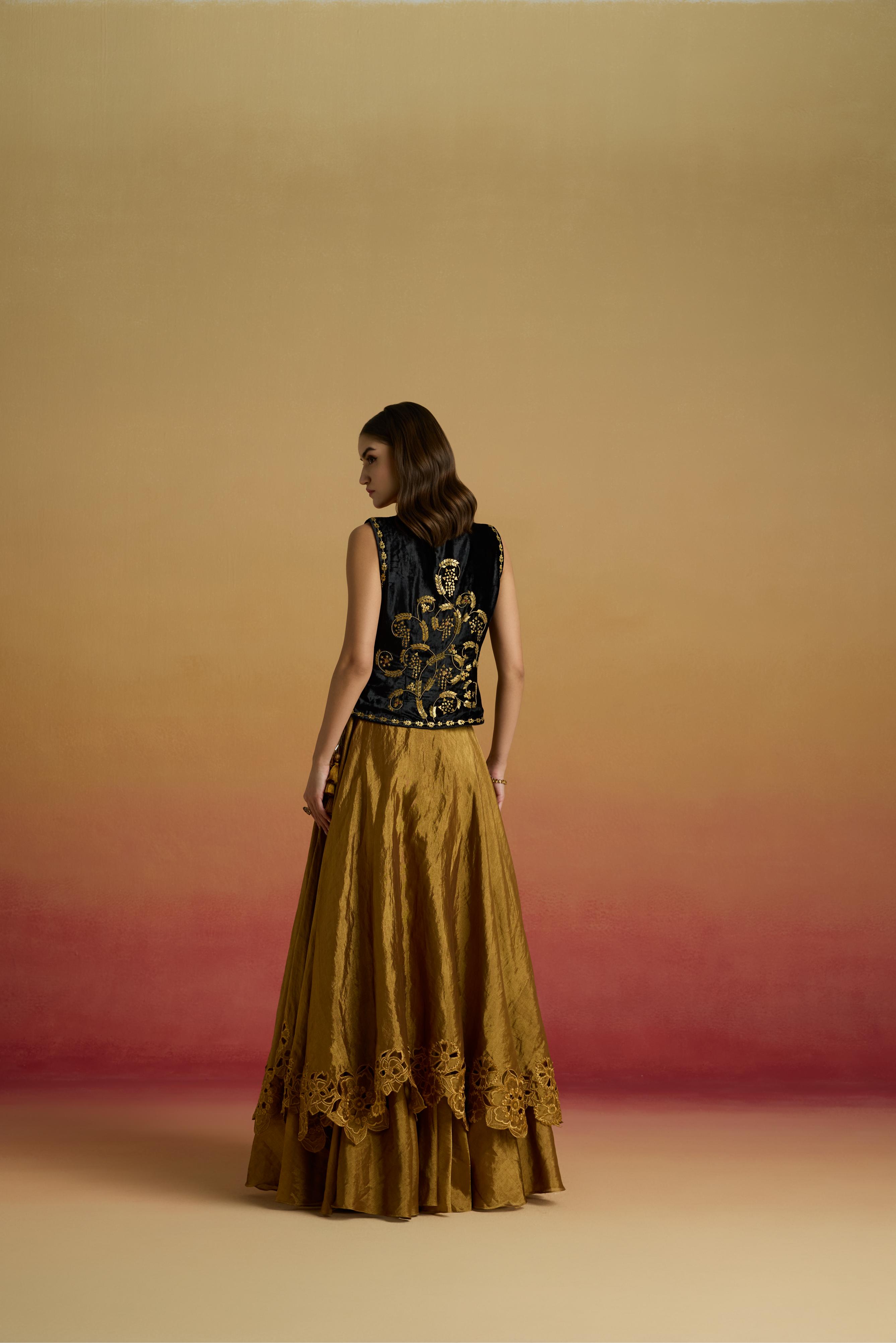 GOLD CUTWORK LAYERED LEHENGA
