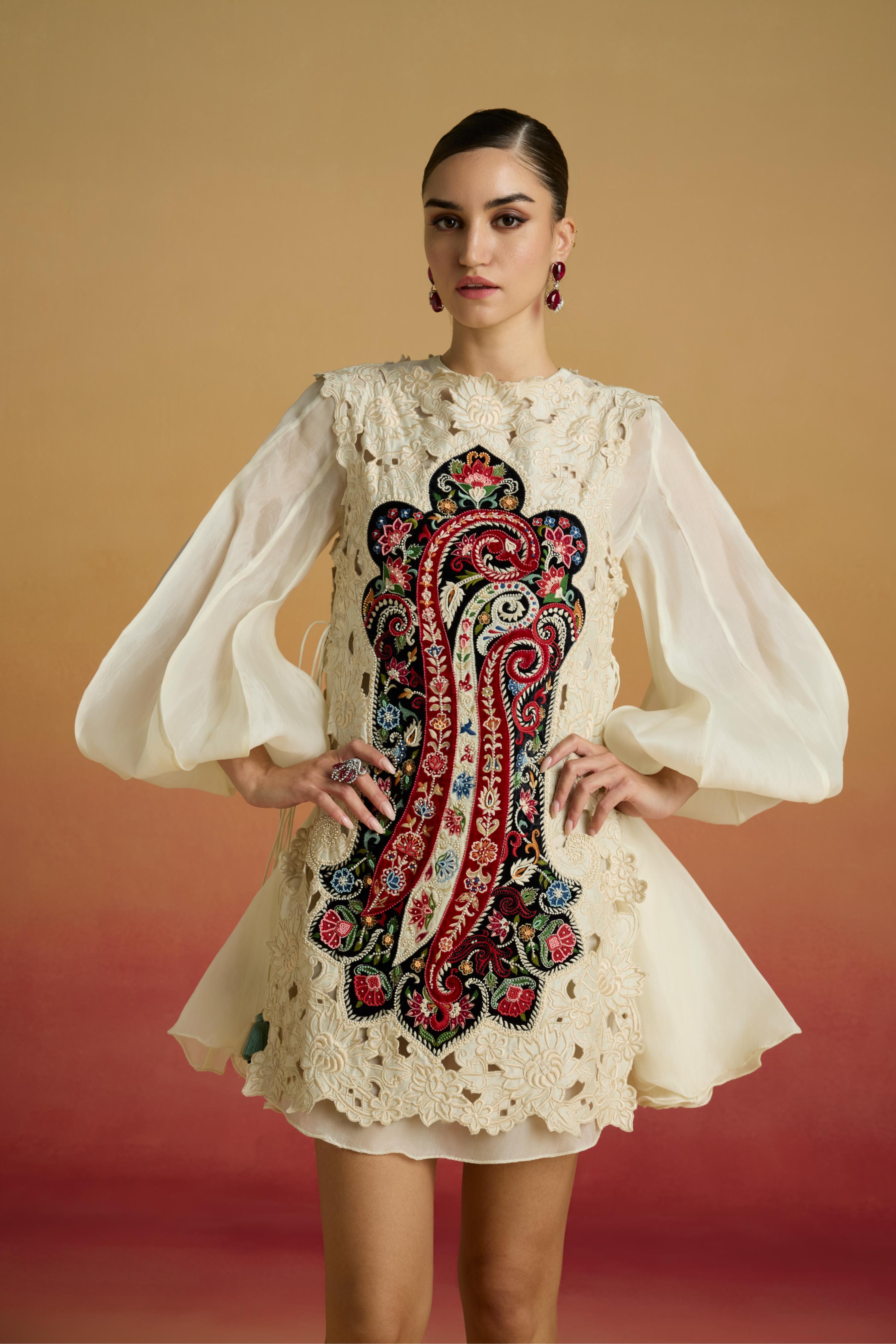 IVORY CUTWORK LAYERED DRESS