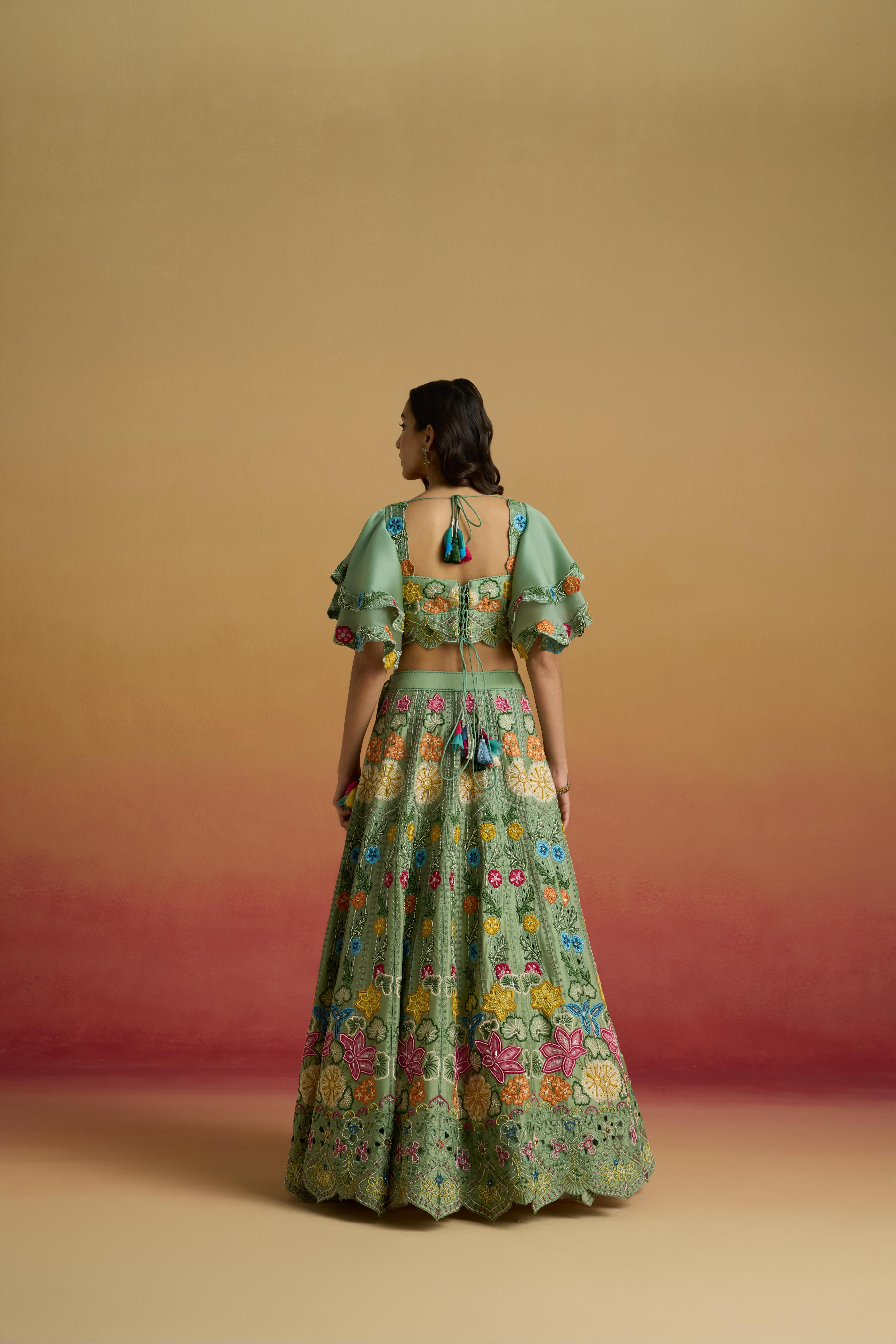 SAGE GREEN MULTICOLOUR FLORAL LEHENGA