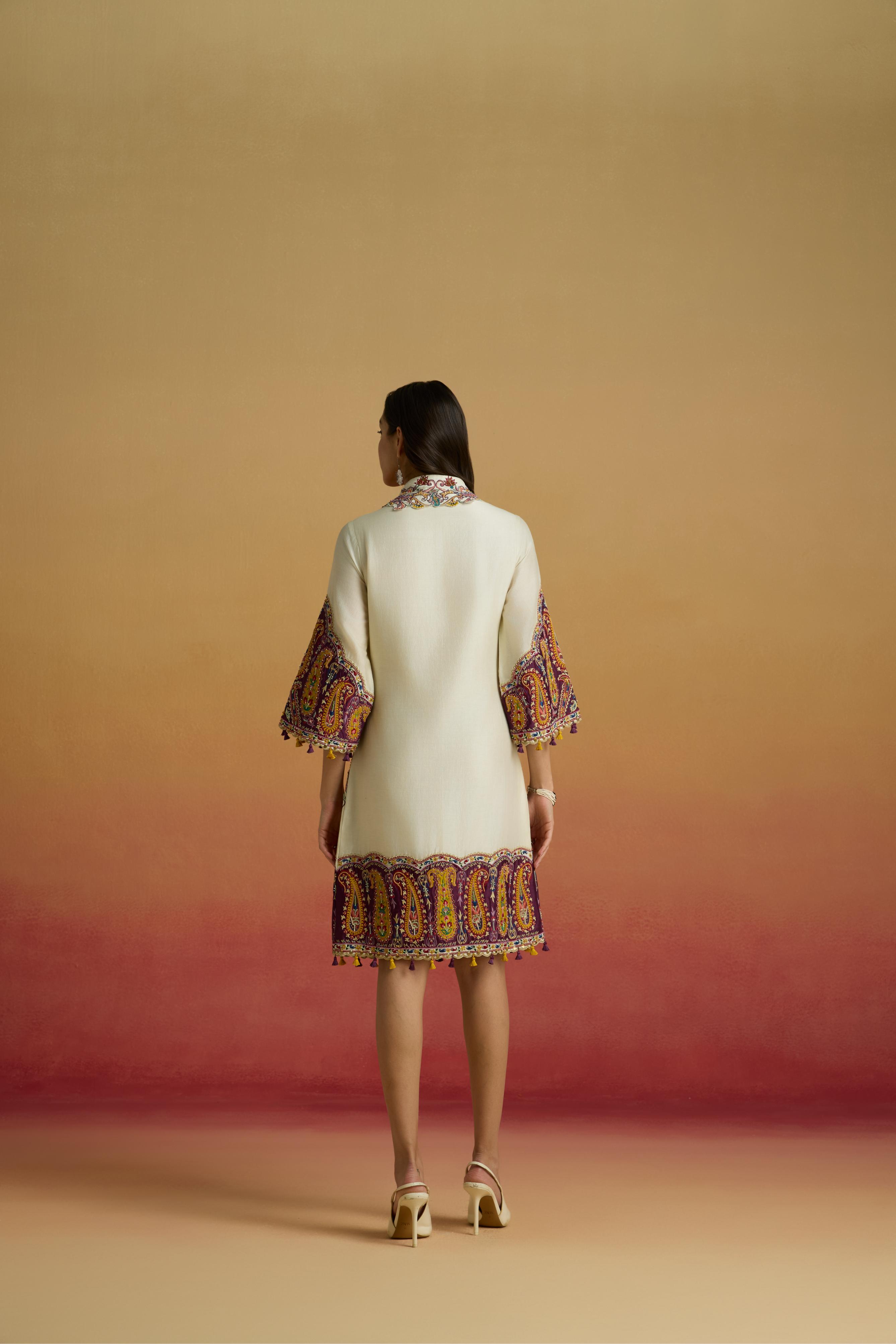 IVORY AND PLUM COLOURBLOCK PAISLEY DRESS