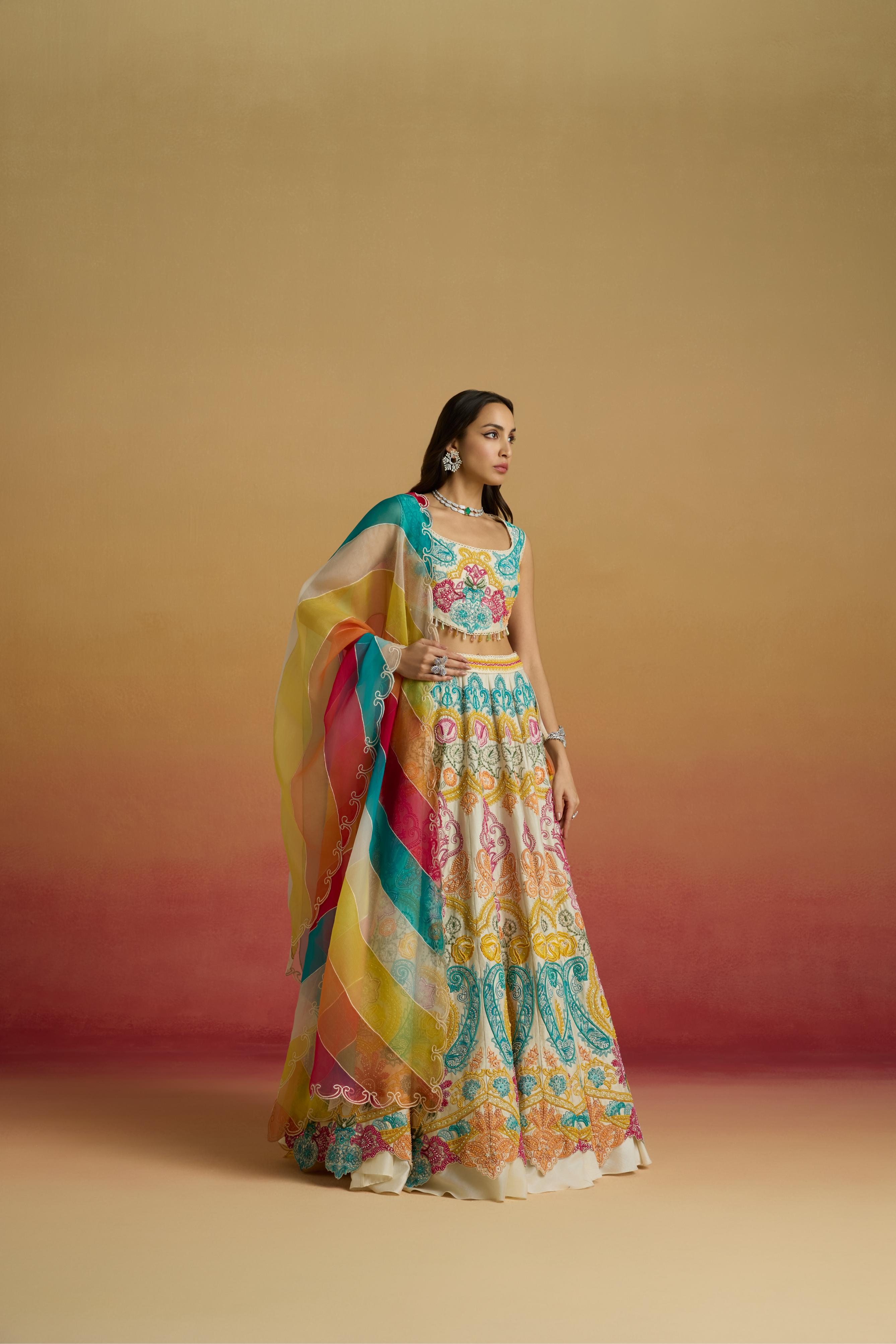 IVORY MULTICOLOUR PAISLEY CORDWORK LEHENGA