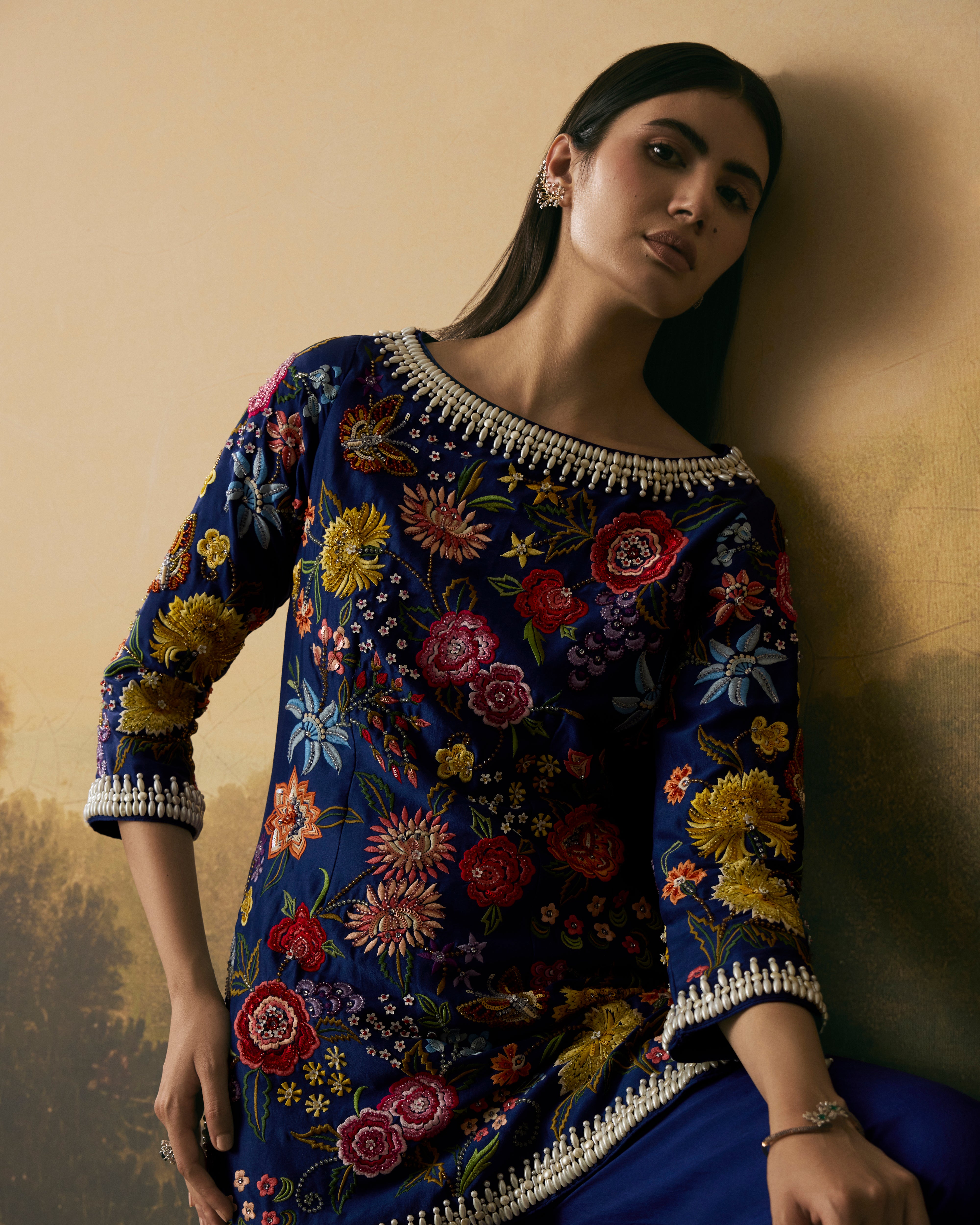 COBALT BLUE FLORAL BLOOM SHORT KURTA WITH SHARARA