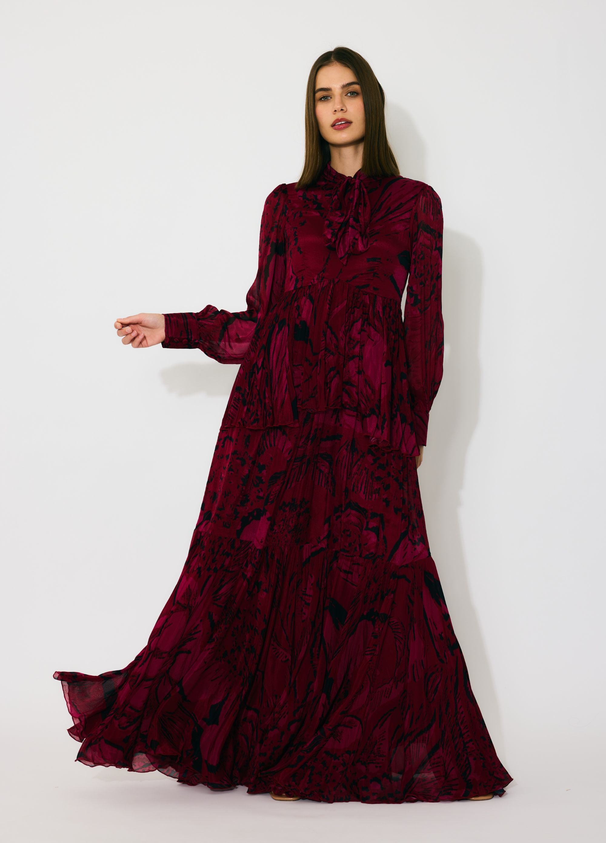 HOT PINK AND BLACK FLORAL LONG DRESS