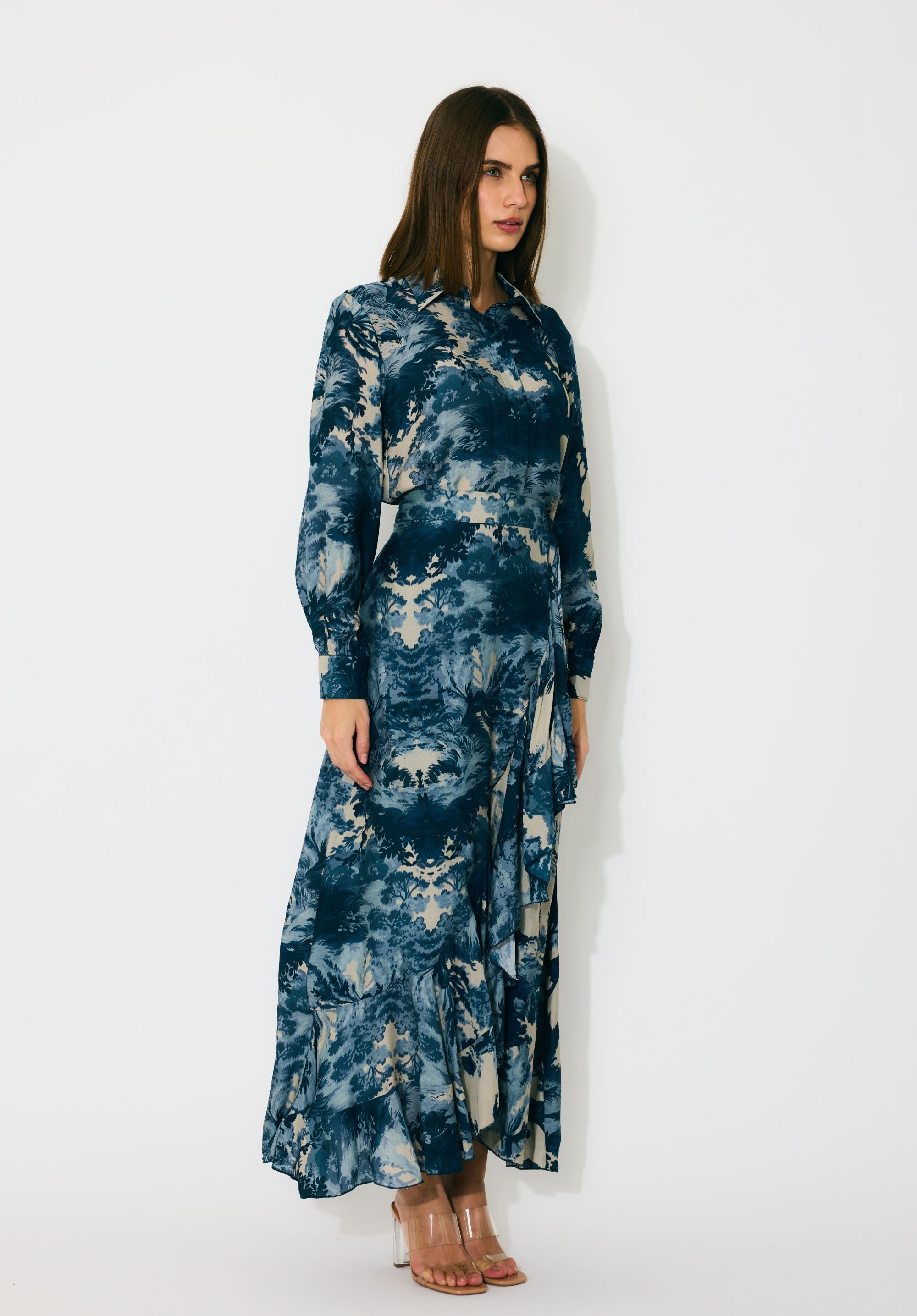 BLUE, INDIGO AND BEIGE TOILE PRINT WRAP SKIRT