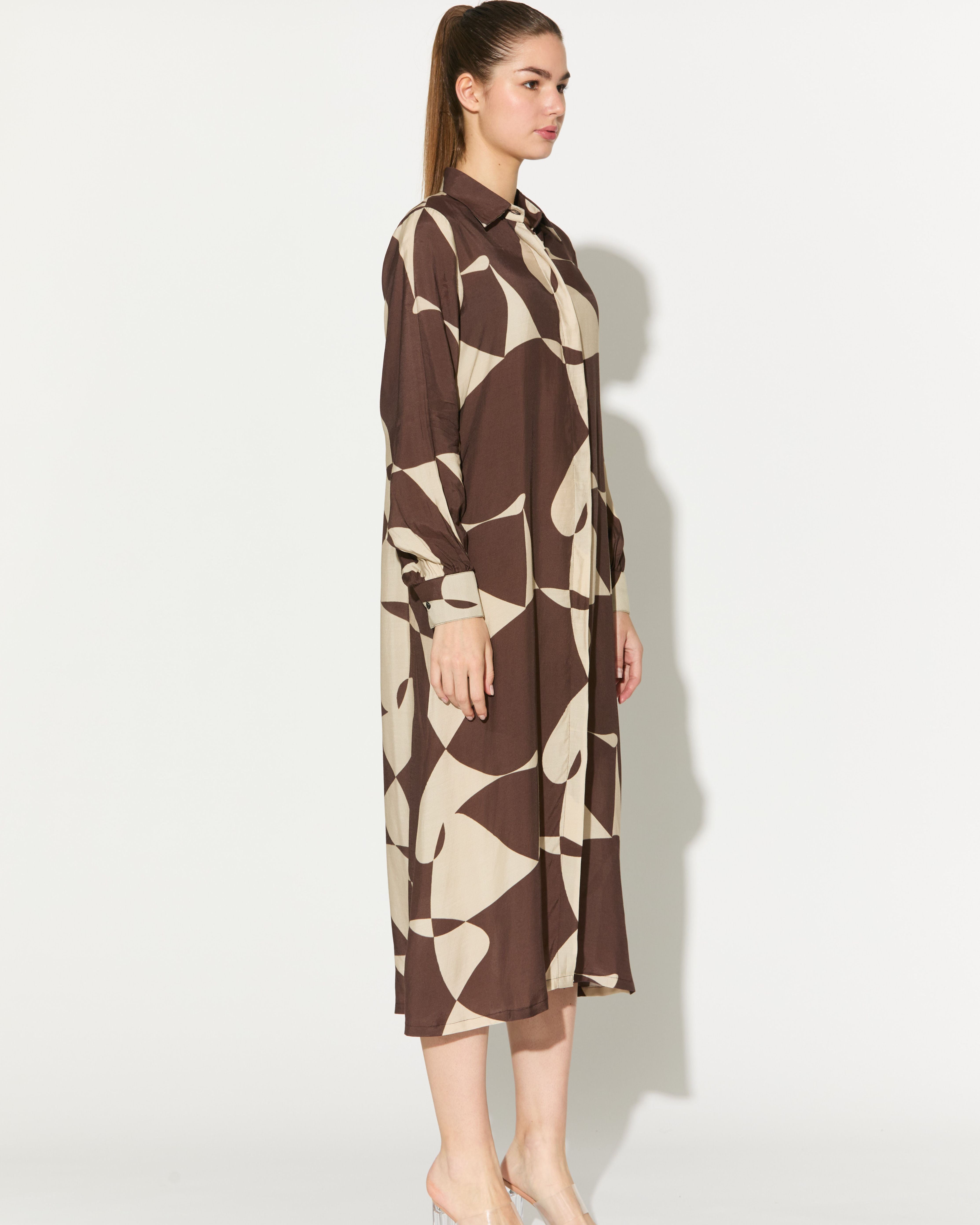 BROWN AND WHITE ABSTRACT LONG SHIRT