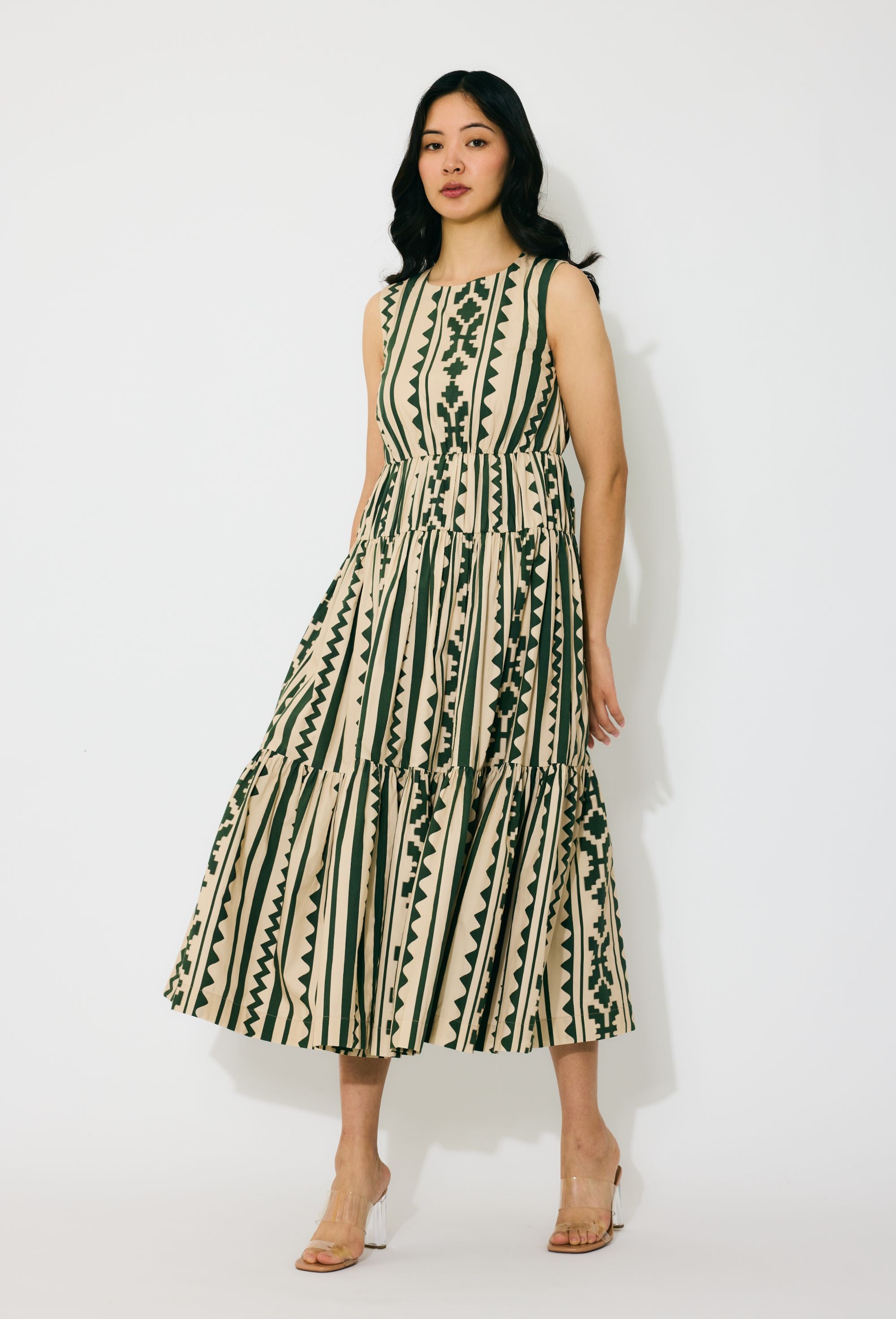 CREAM AND GREEN PATTERN SLEEVELESS MIDI DRESS