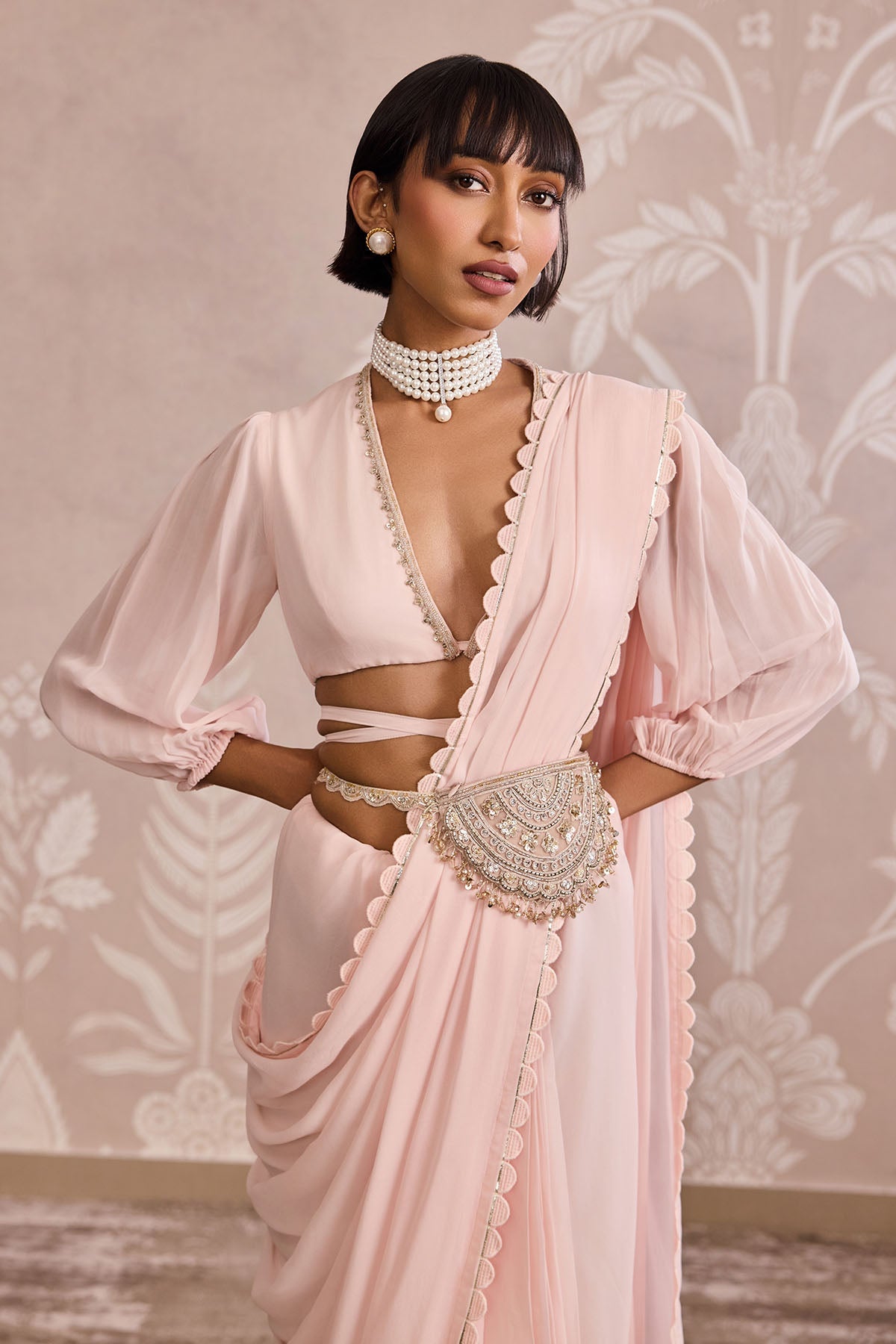 Elegant Magnolia Embroidered Net Bag Belt, Powder Pink, Luxurious Accessory for Saree