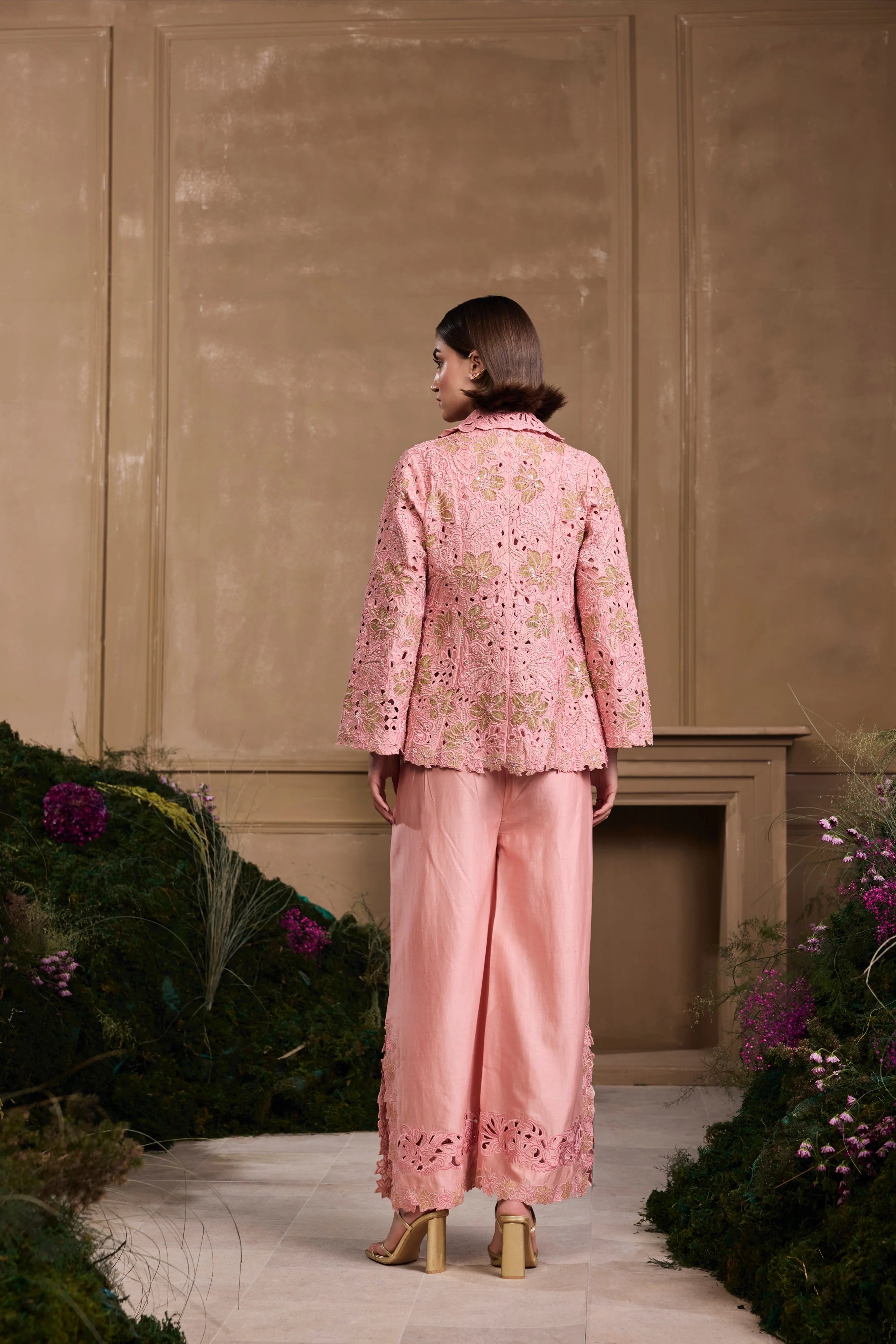 ROSE PINK METALLIC APPLIQUE AND CUTWORK FLARED PANT , TOP & JACKET