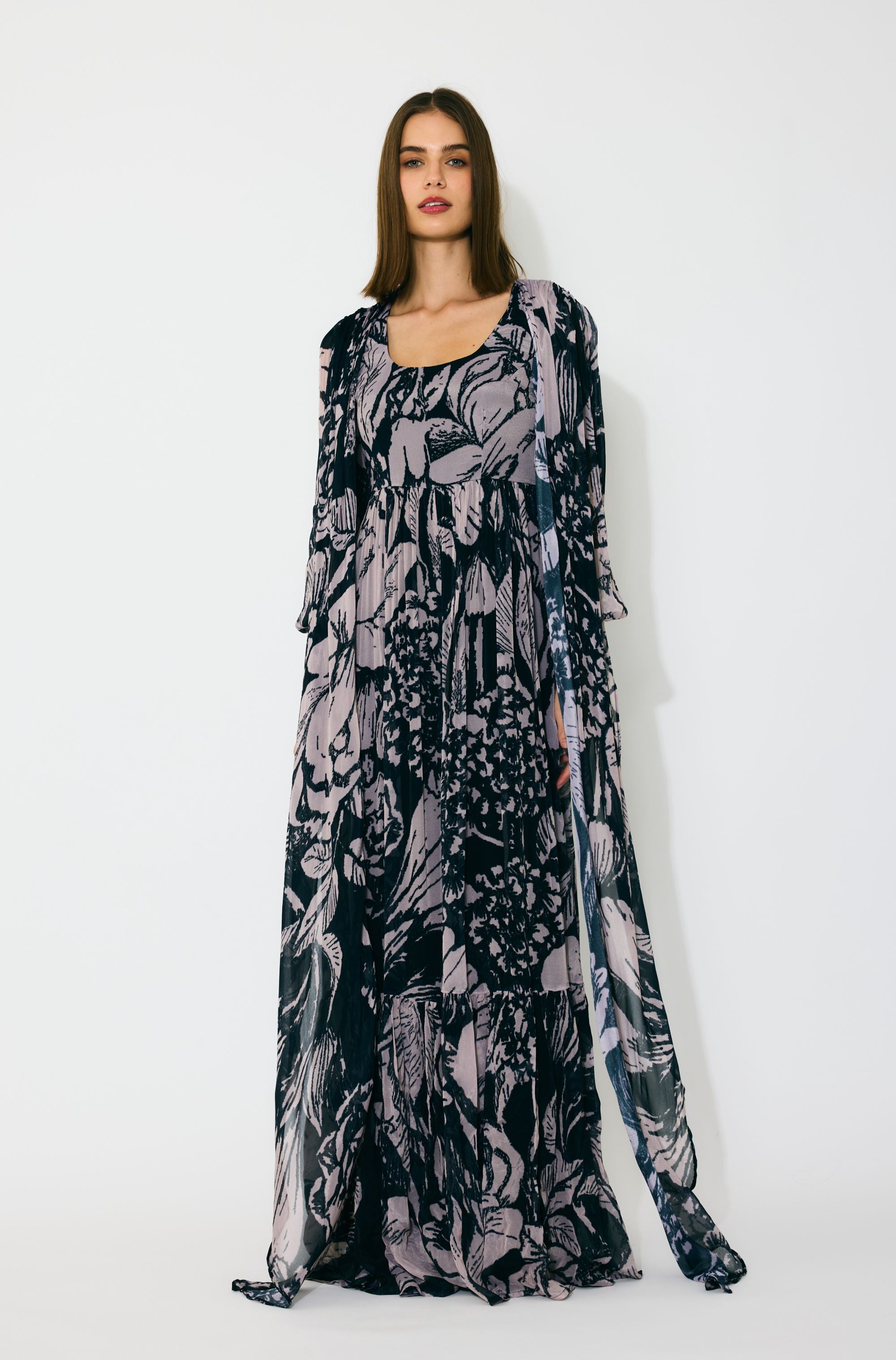 DARK BLUE AND DARK PEACH FLORAL WRAP DRESS