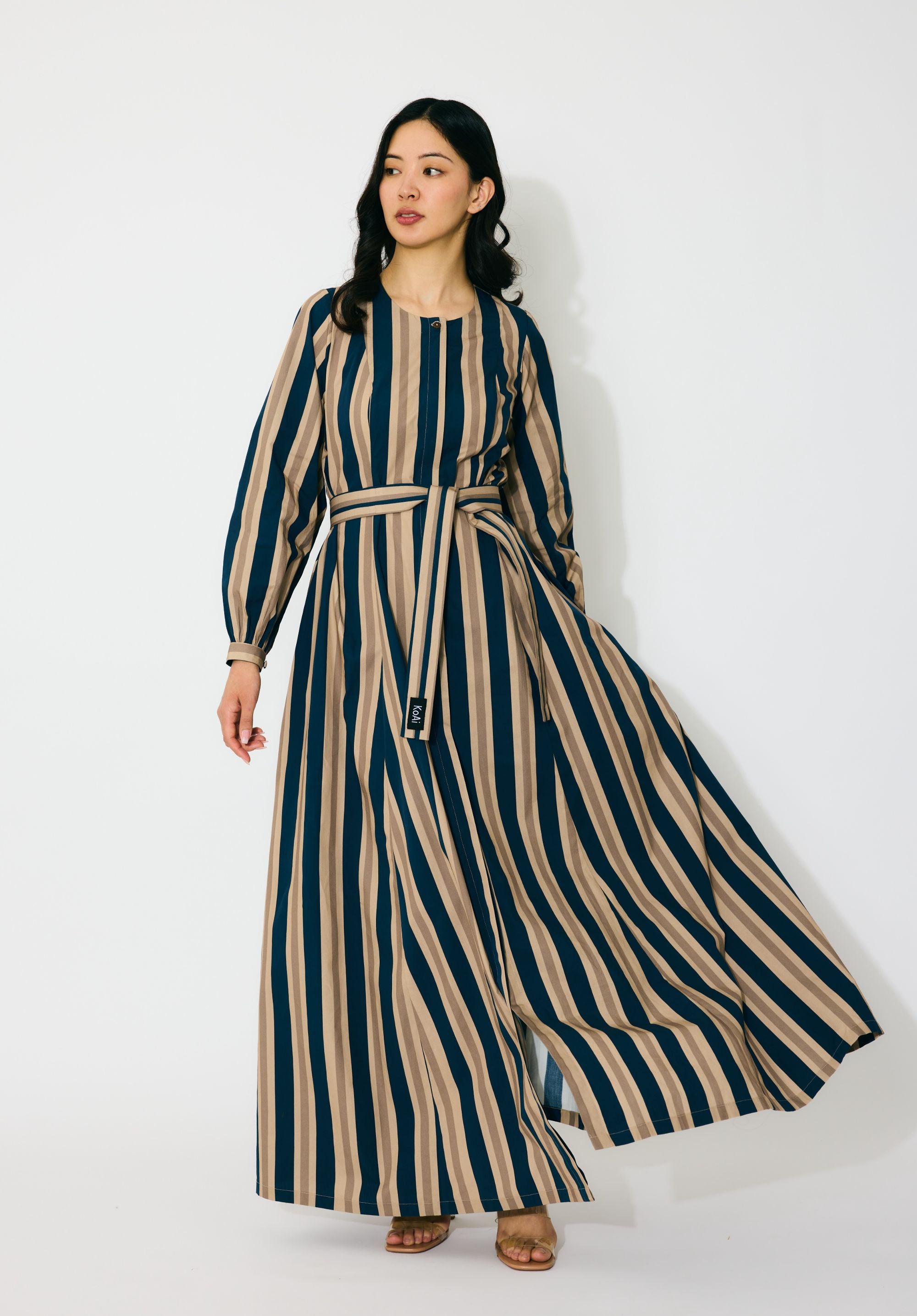 DARK BLUE,BEIGE AND WHITE STRIPE SHIRT DRESS