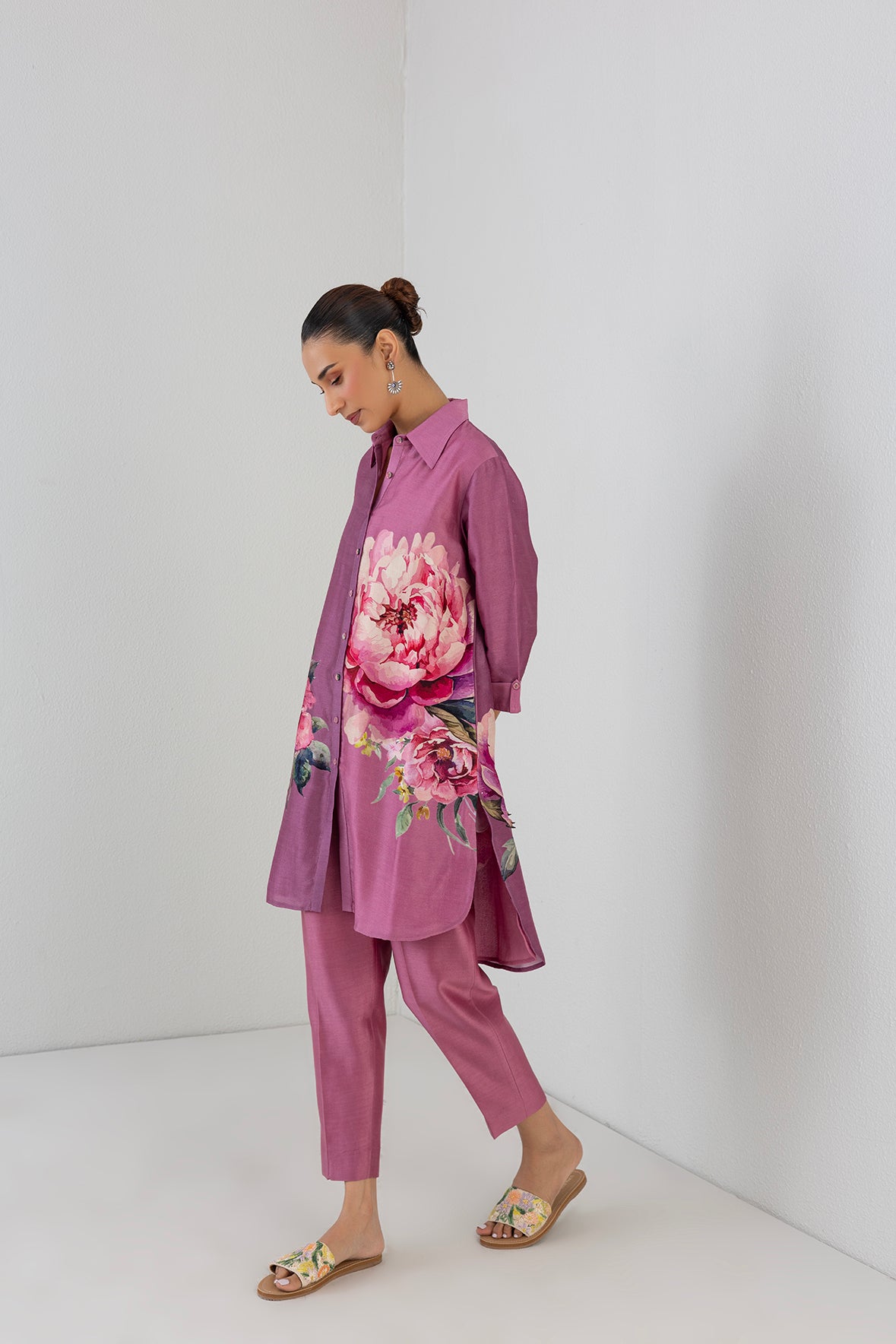 Blush Pink Dupion Peony Flower Printed Shirt