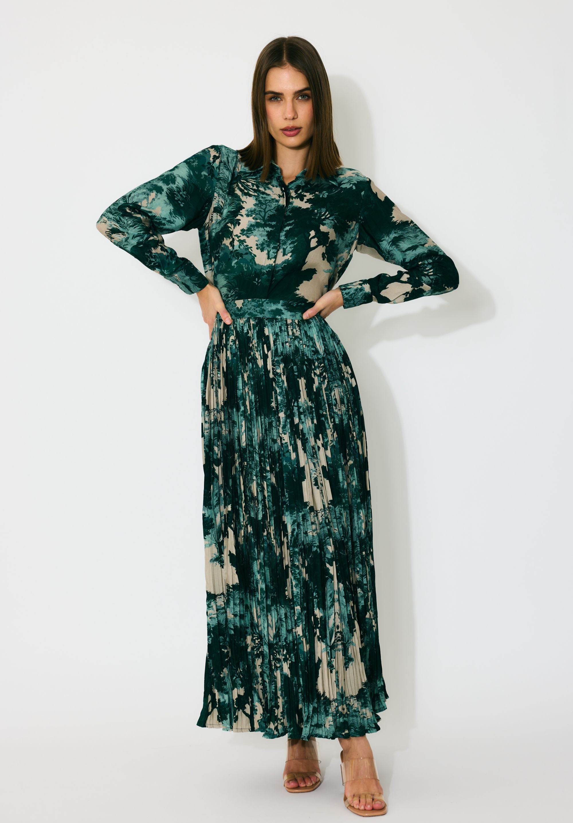 DARK GREEN, MINT AND BEIGE TOIL PRINT CRINKLED SKIRT