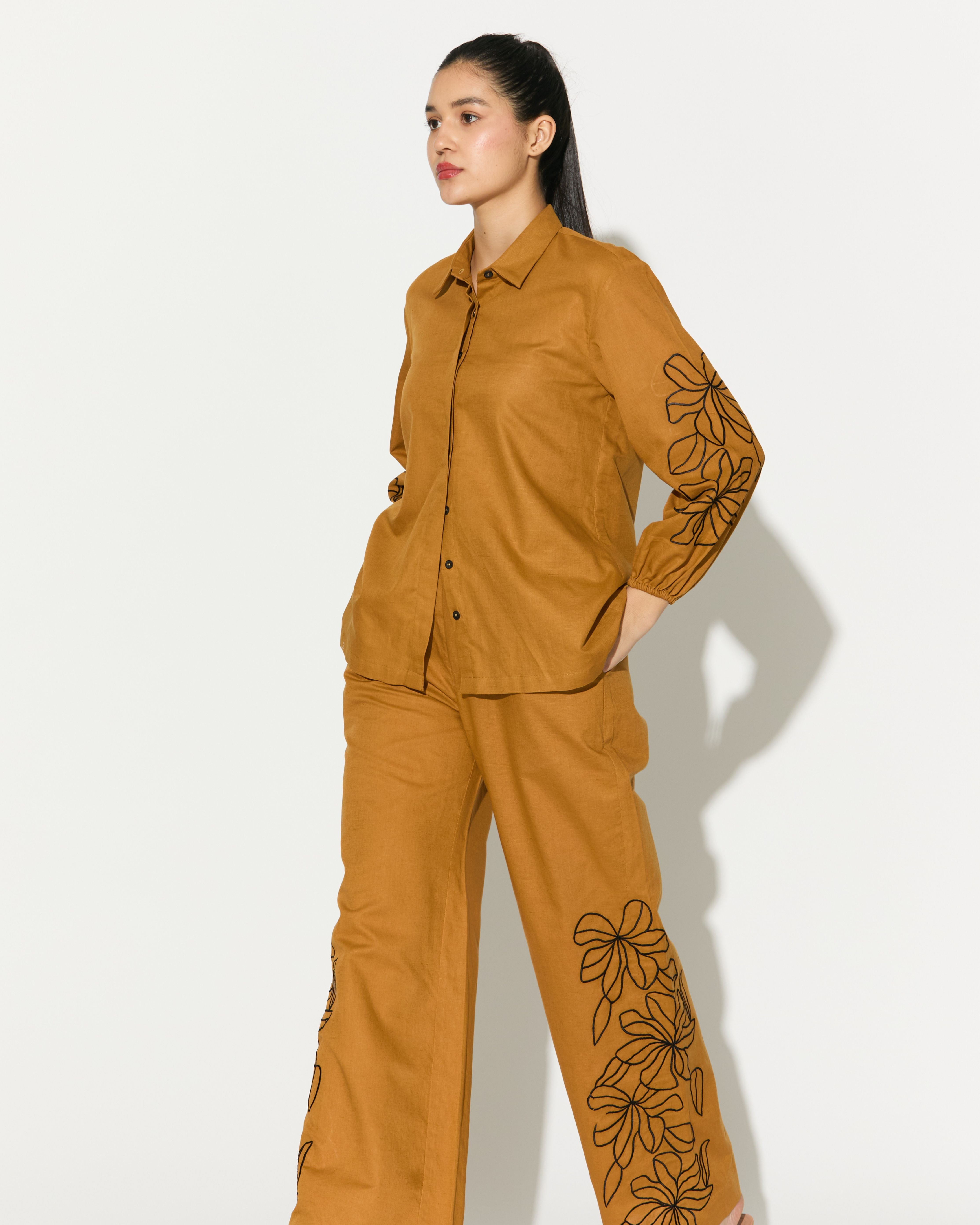 DARK MUSTARD EMBROIDERED PANTS