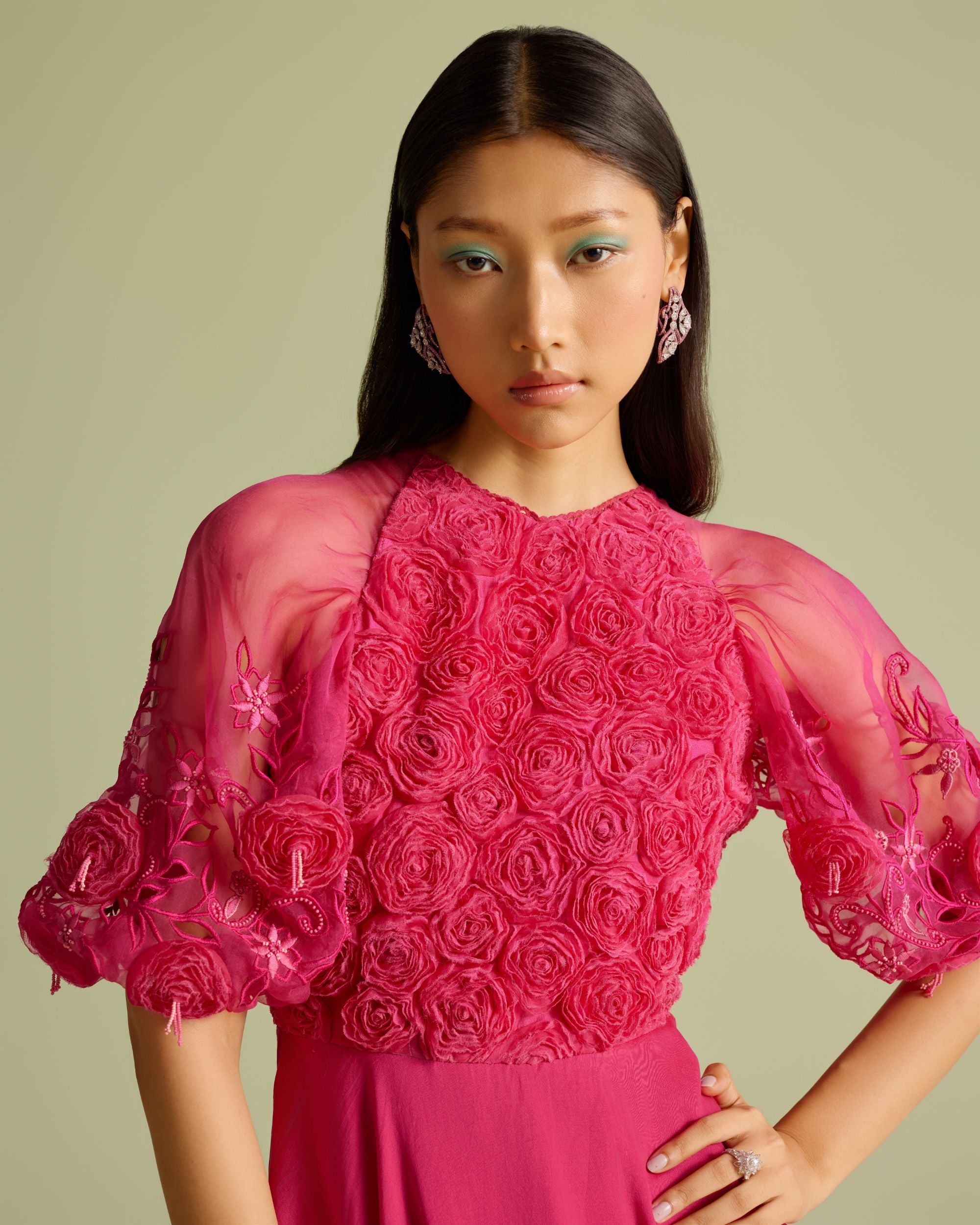 Fuchsia 3D Rose Applique & Cutwork Flounce Dress