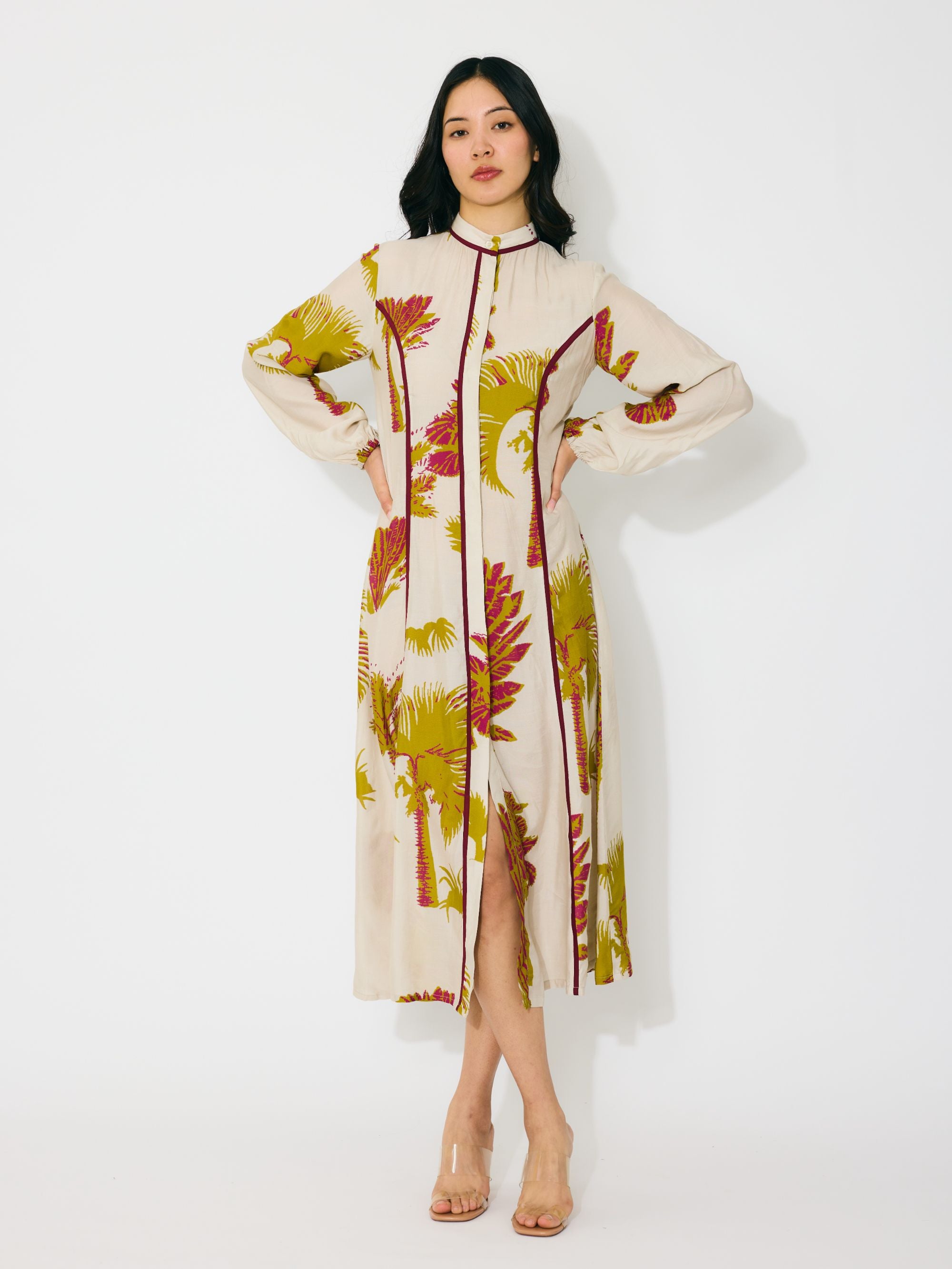 BEIGE, MUSTARD AND HOT PINK FLORAL SHIRT DRESS