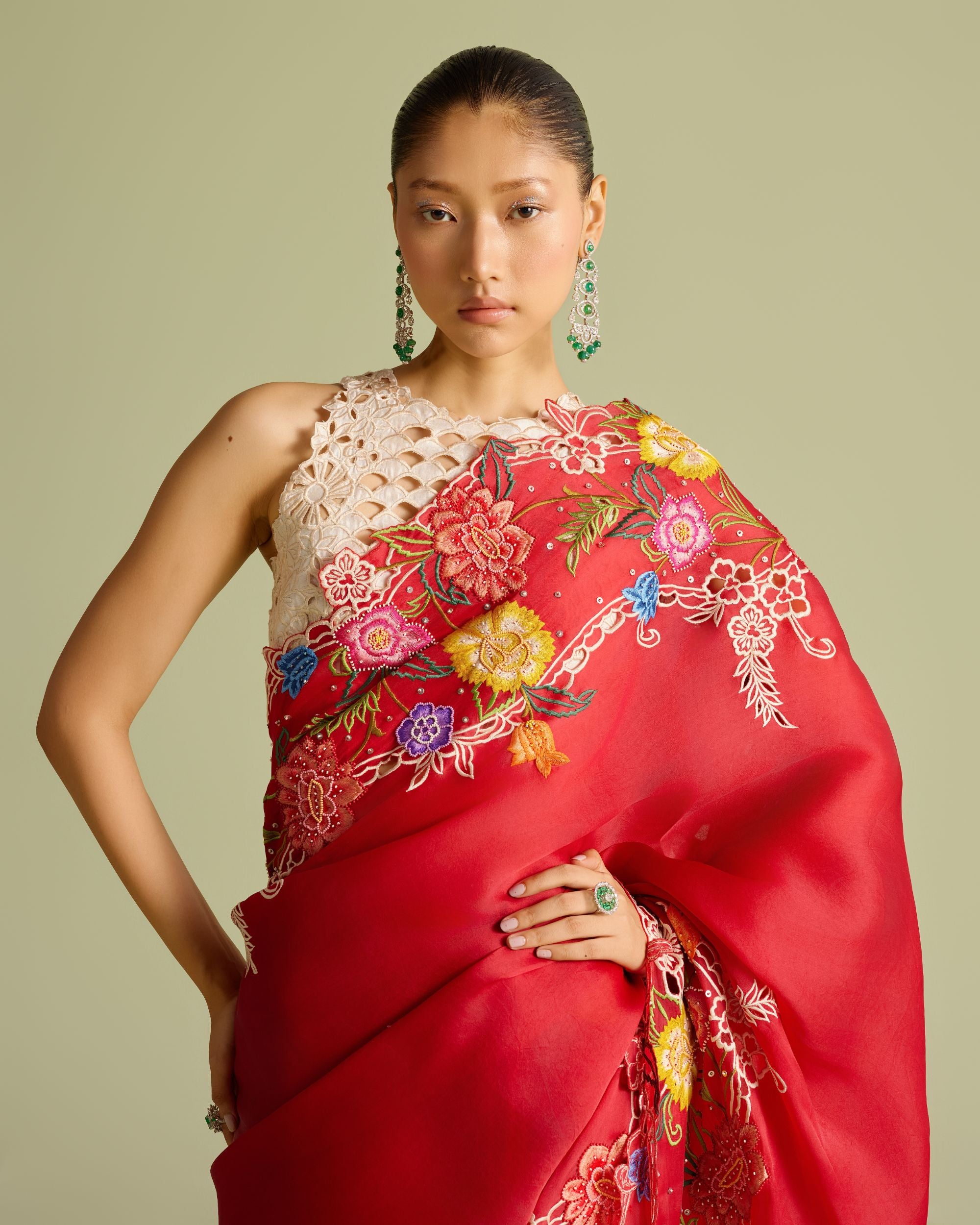 Red Multicolour Floral Embroidered Saree