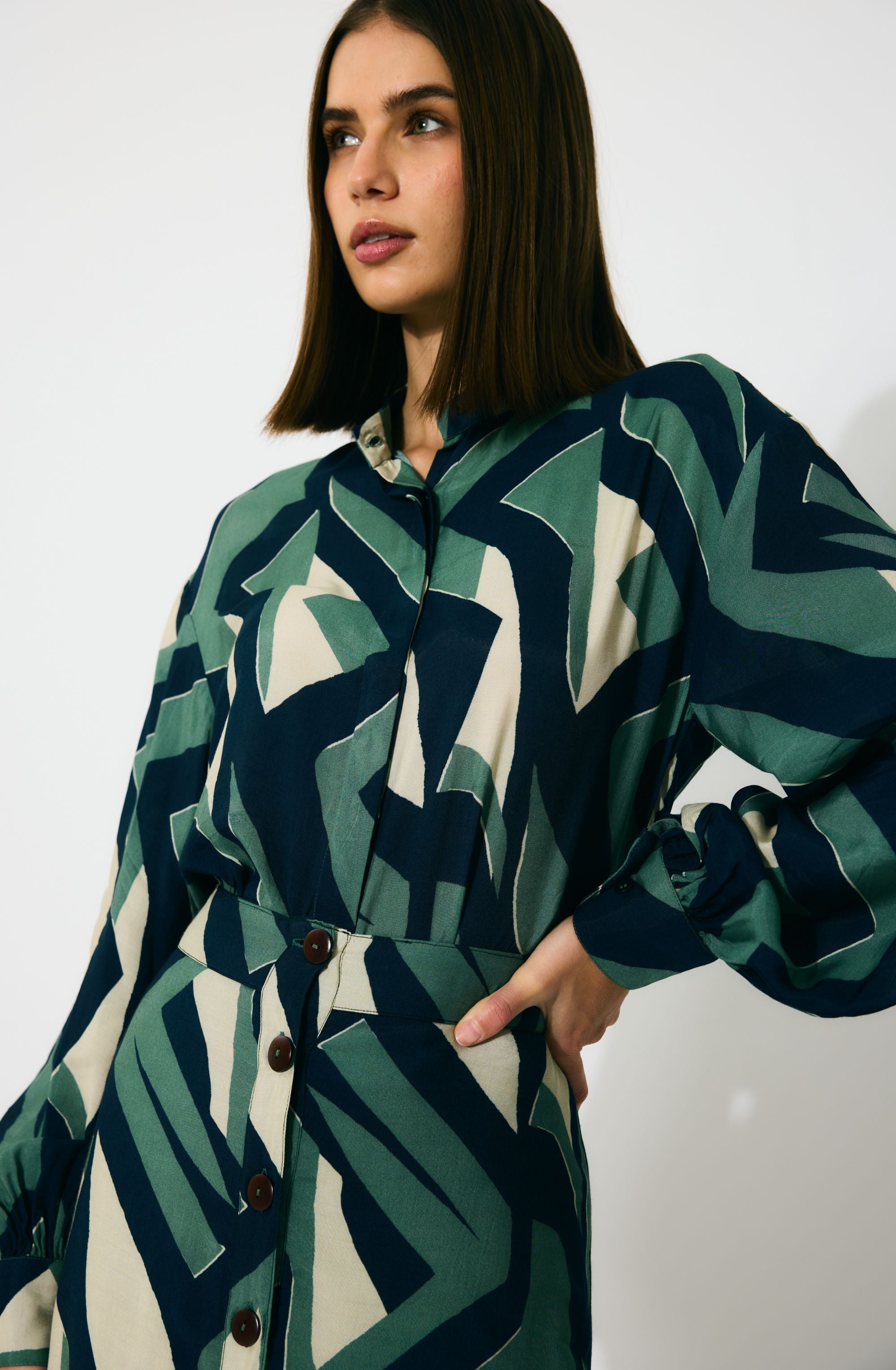 GREEN, INDIGO AND CREAM PATTERN SHIRT