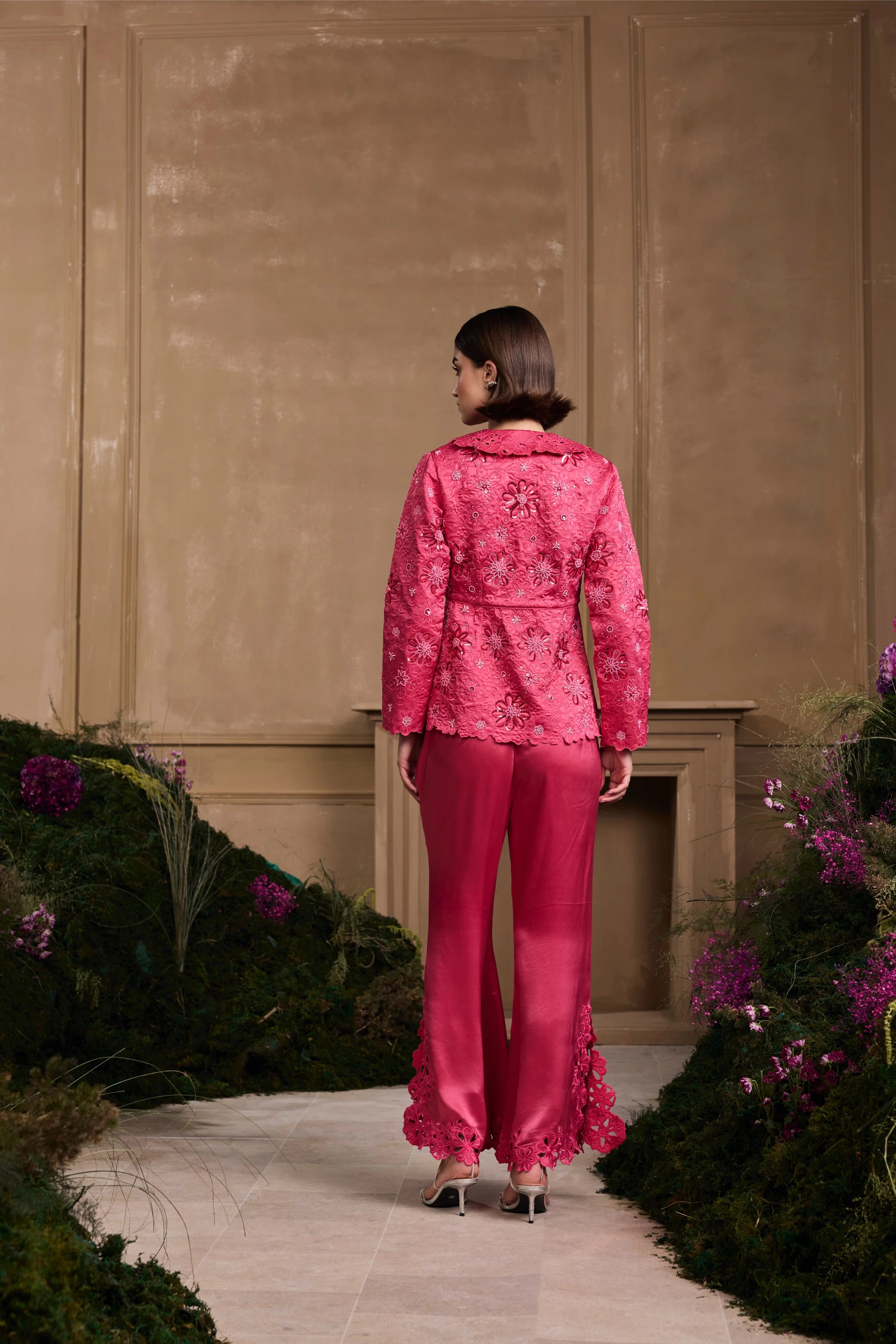 FUCHSIA CUTWORK BELL BOTTOM PANTS & JACKET