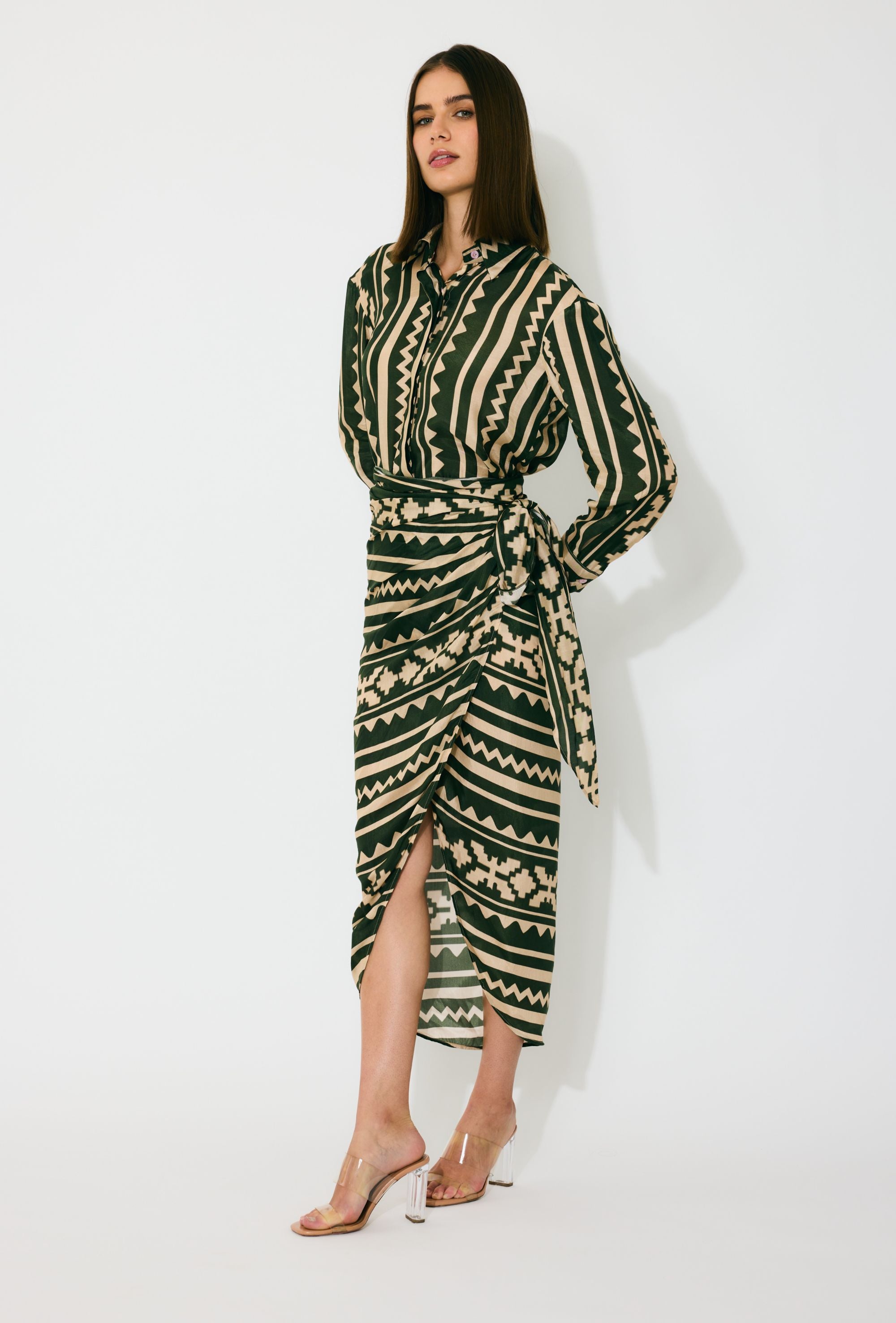 DARK GREEN AND CREAM PATTERN WRAP SKIRT