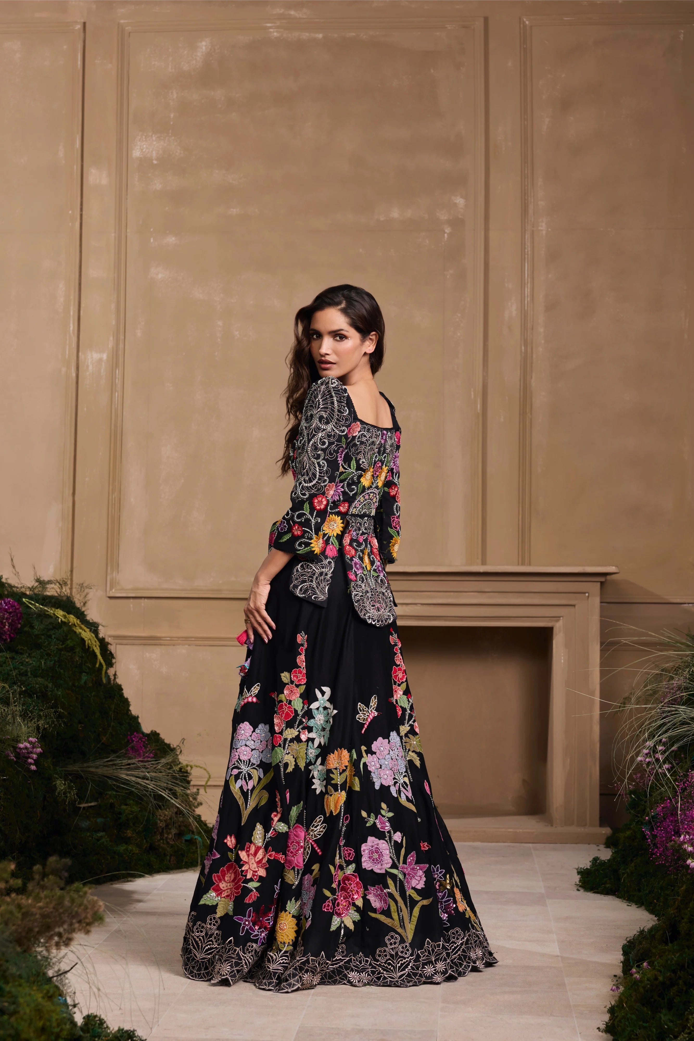 BLACK FLORAL EMBROIDERED PANELLED JACKET & LEHENGA