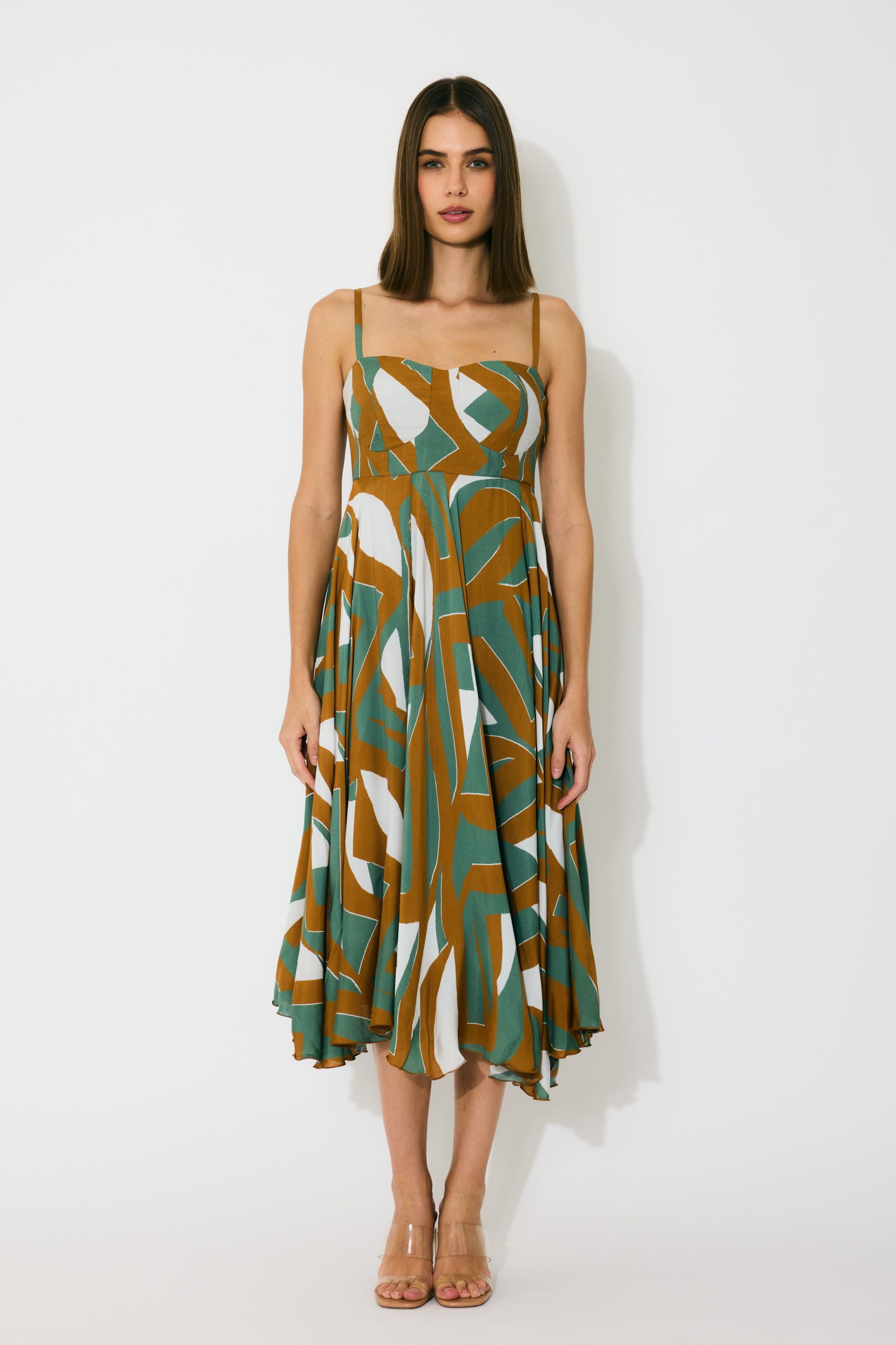 GREEN, BROWN AND CREAM PATTERN MIDI DRESS