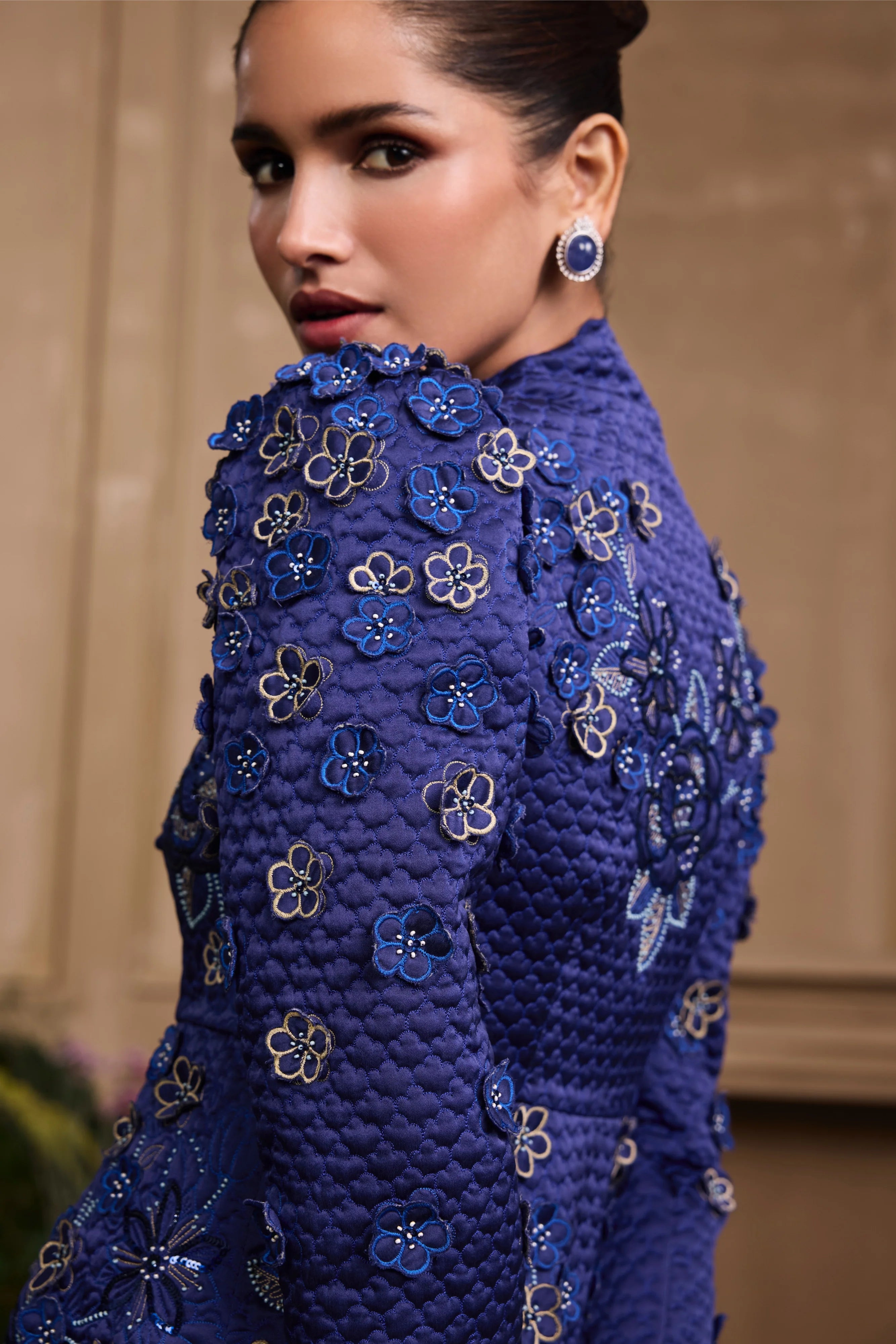 COBALT BLUE METALLIC QUILTED PEPLUM JACKET & PANT