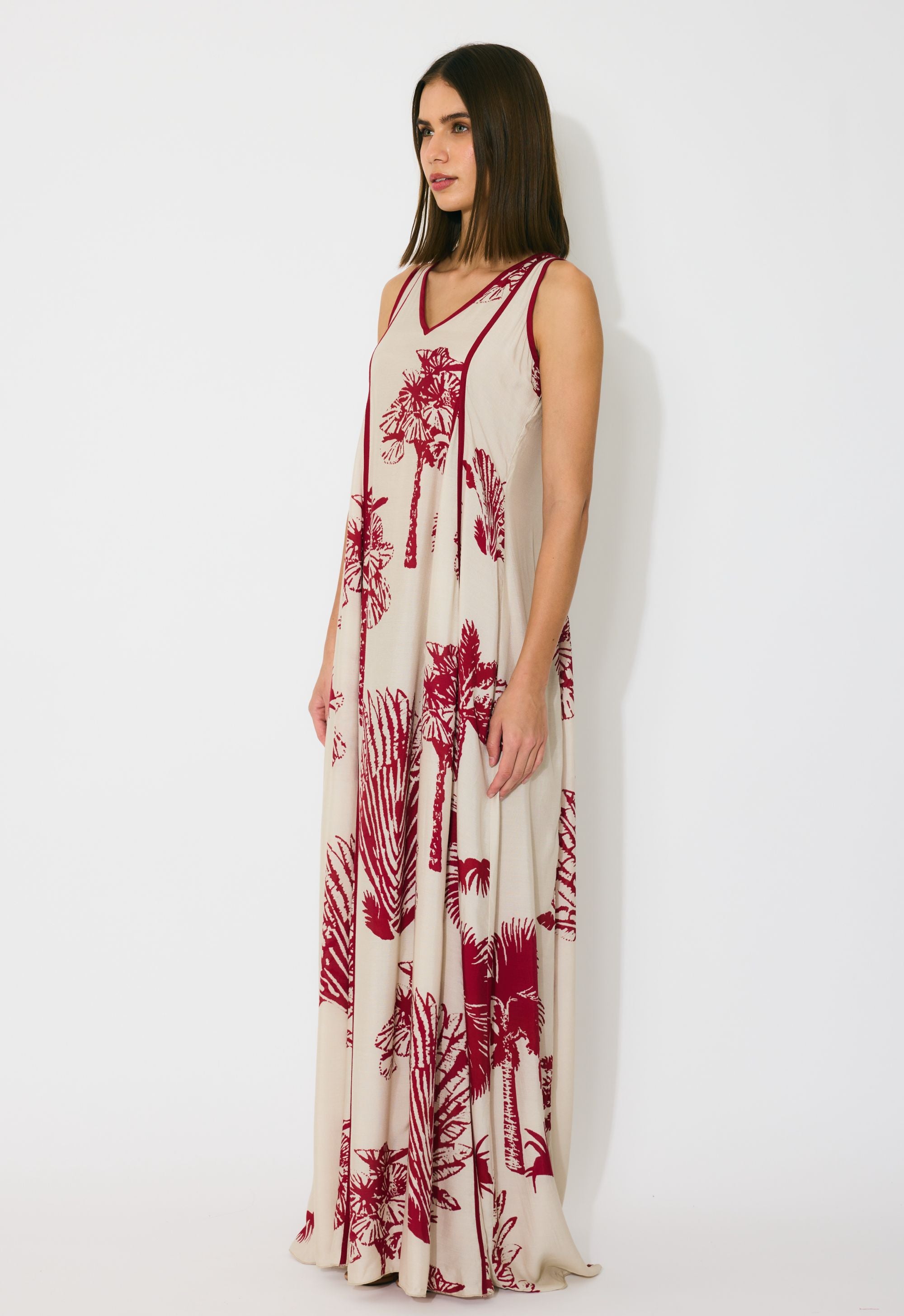 BEIGE AND RED FLORAL SLEEVELESS LONG DRESS