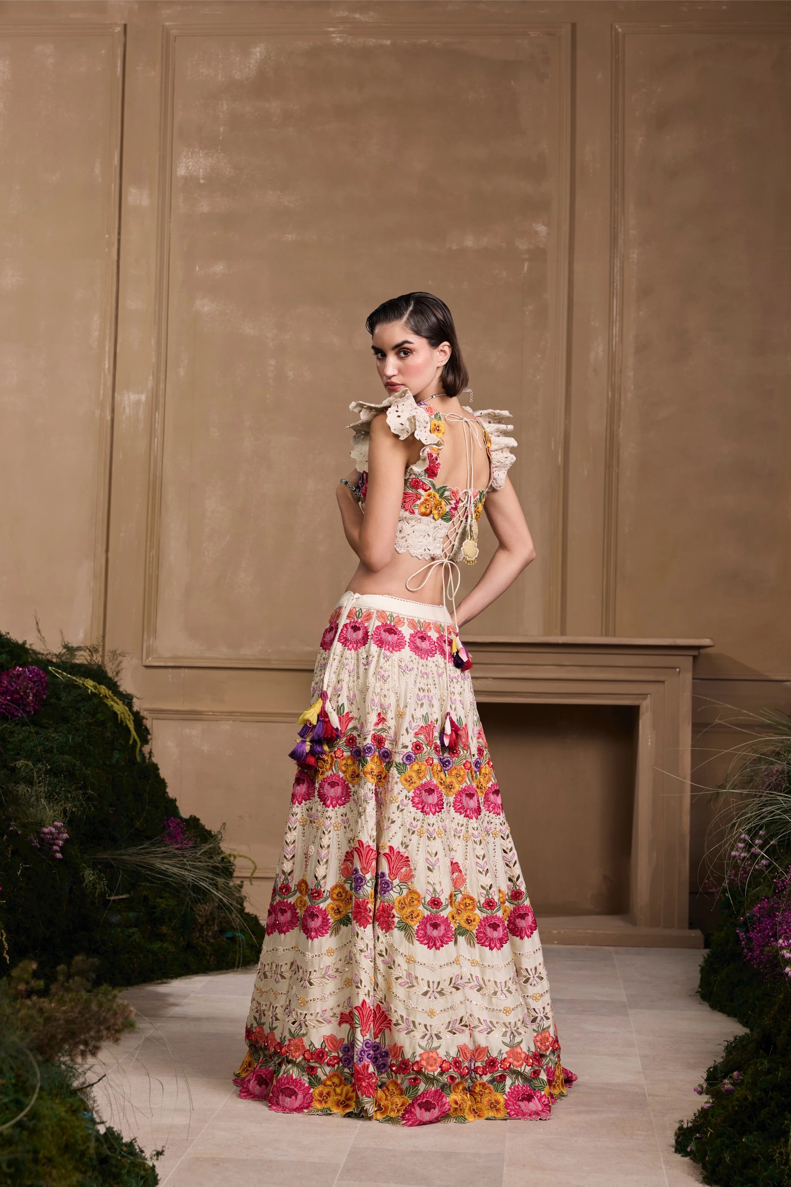 IVORY MULTICOLOURED FLORAL BUSTIER & LEHENGA