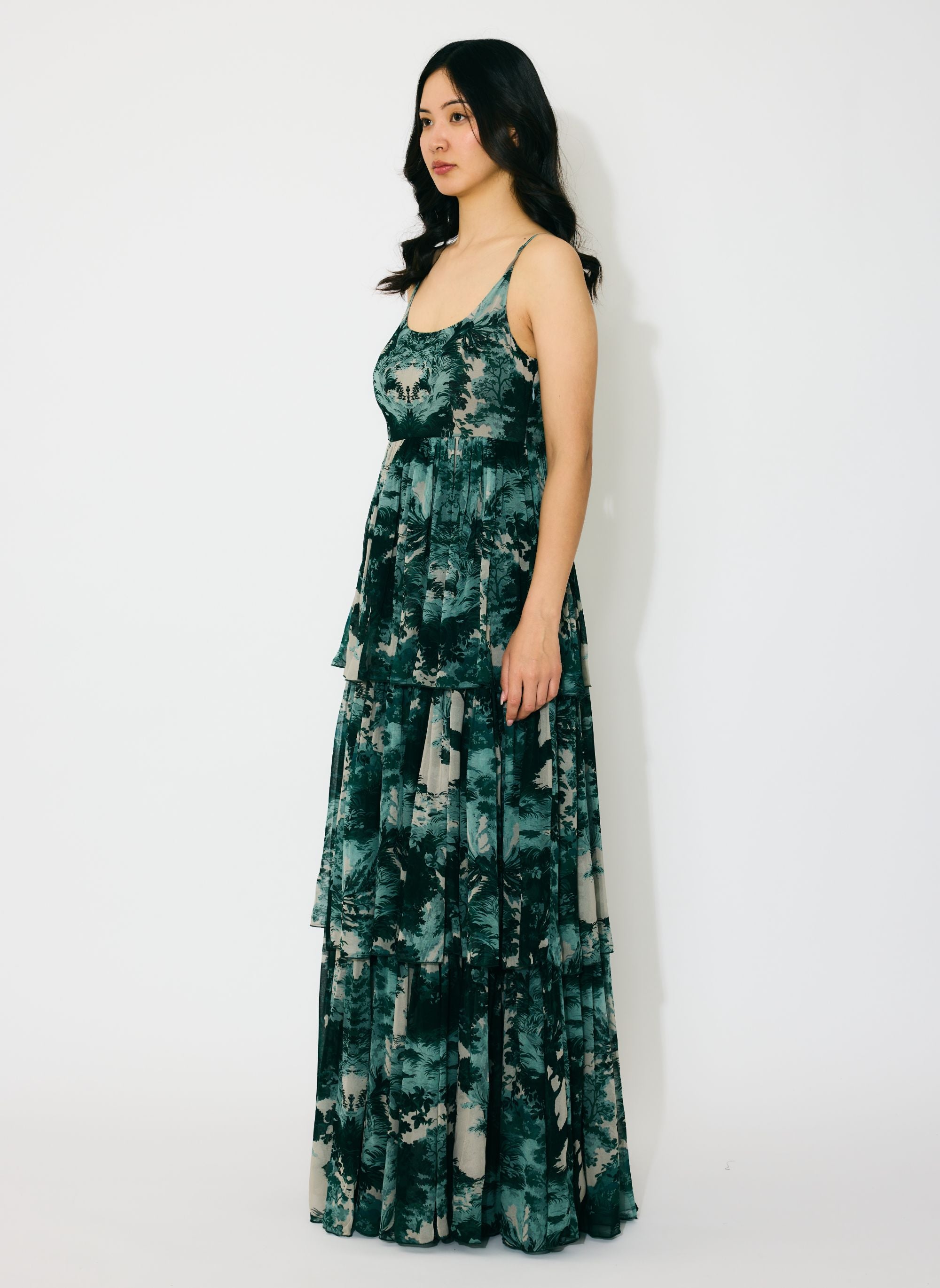 DARK GREEN, MINT AND BEIGE TOIL PRINT LONG DRESS