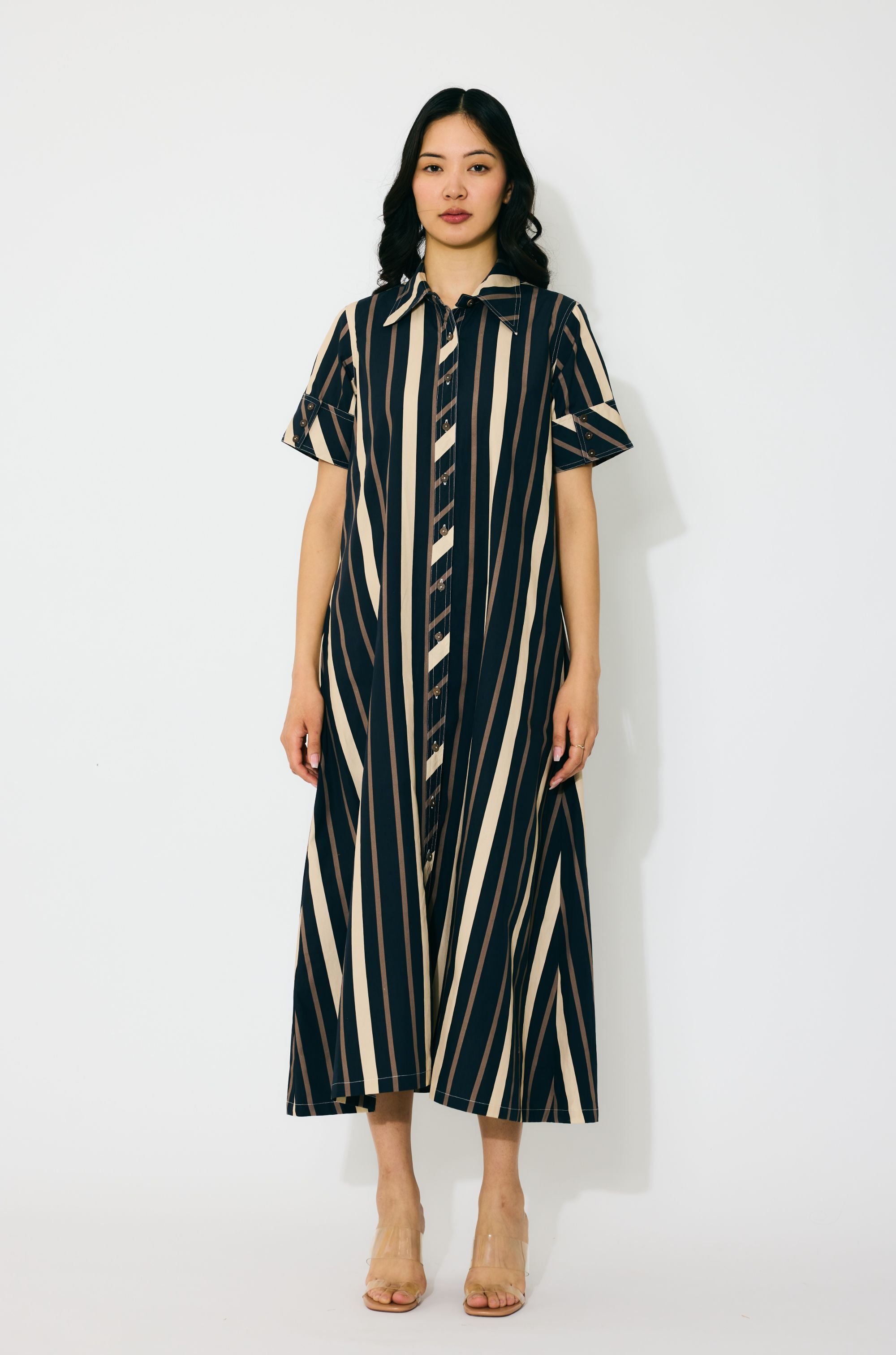 DARK BLUE AND BEIGE STRIPE SHIRT DRESS