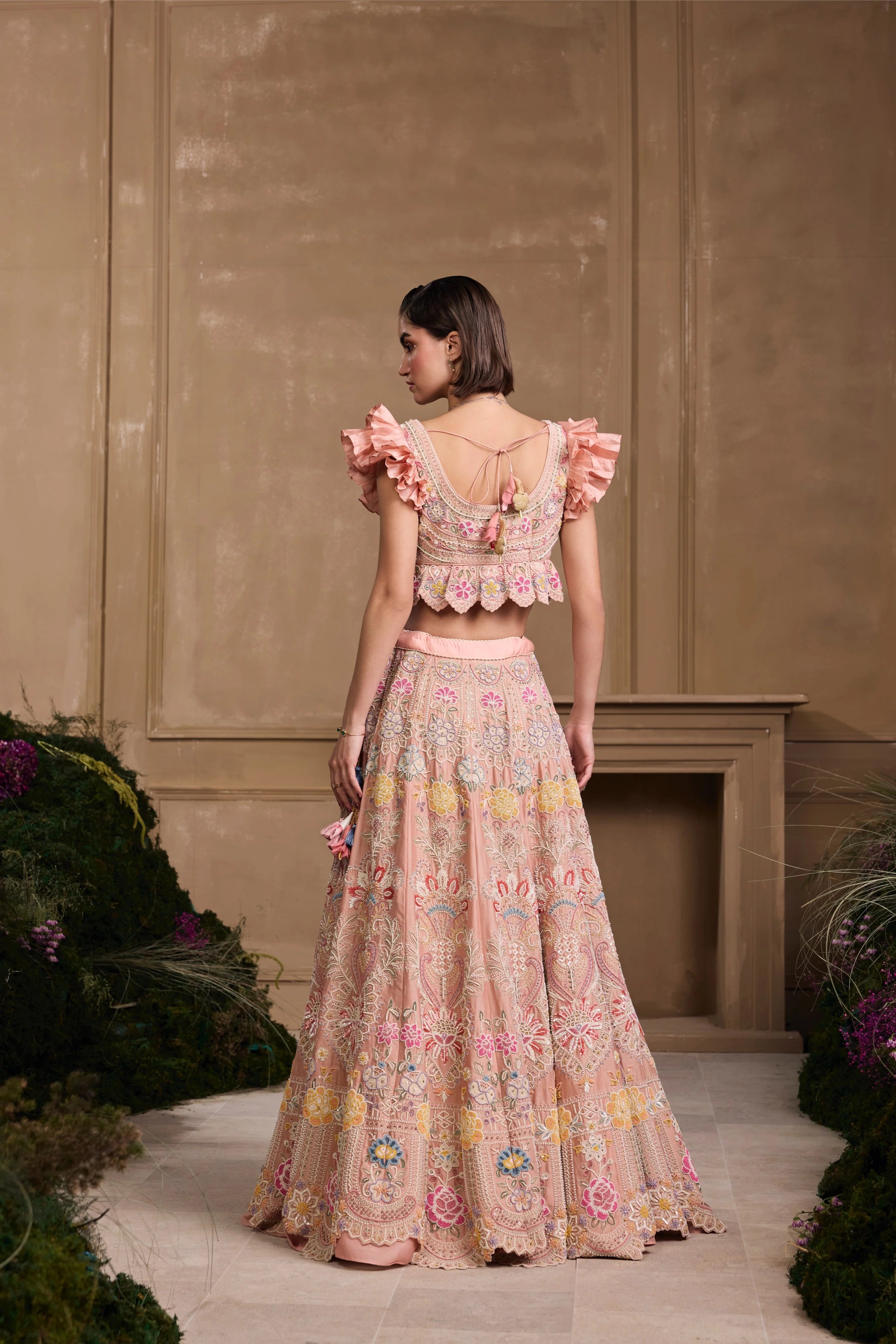 SOFT PINK CONTRAST EMBROIDERED LEHENGA & BUSTIER