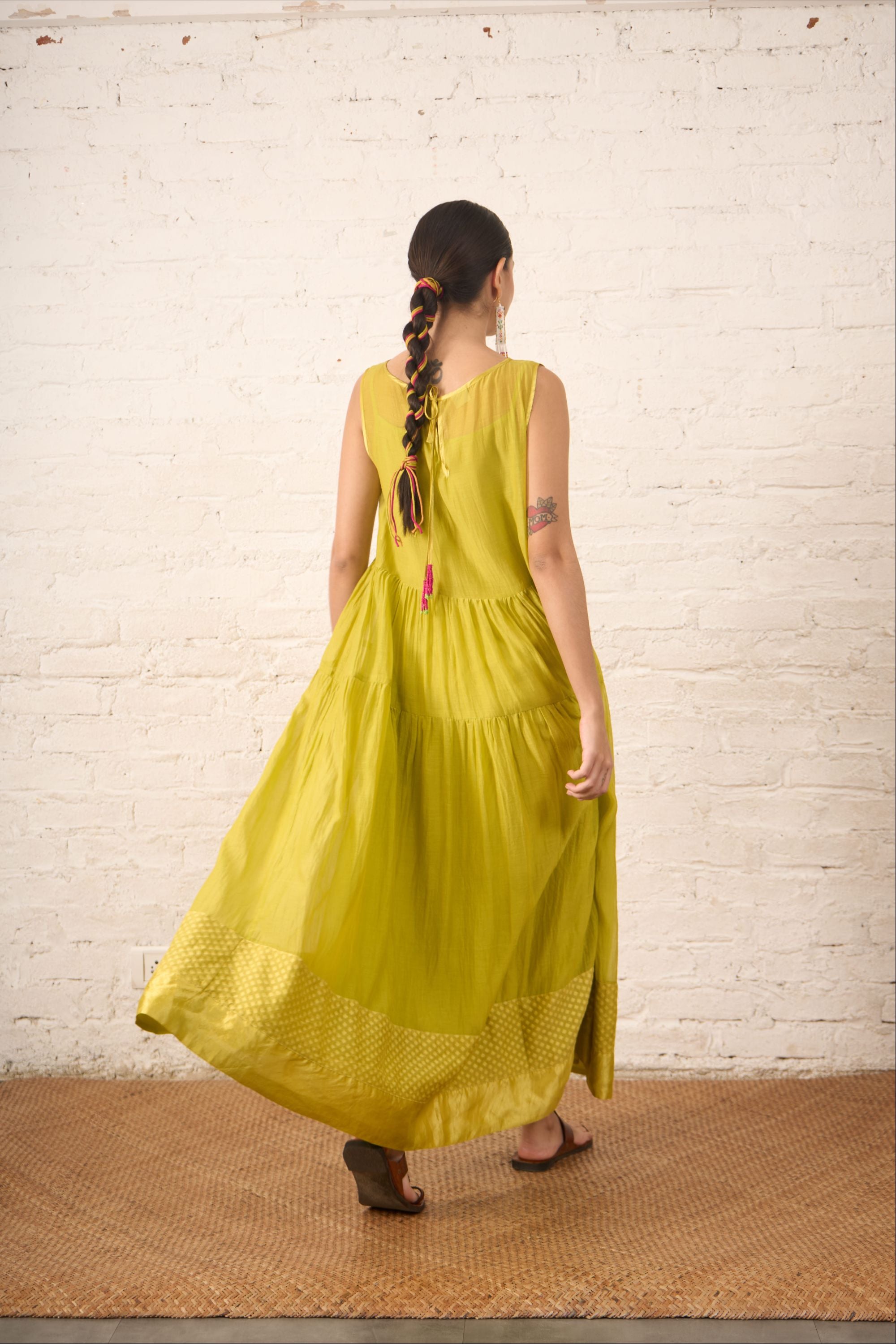 Lime Green Tier Dress w Slip