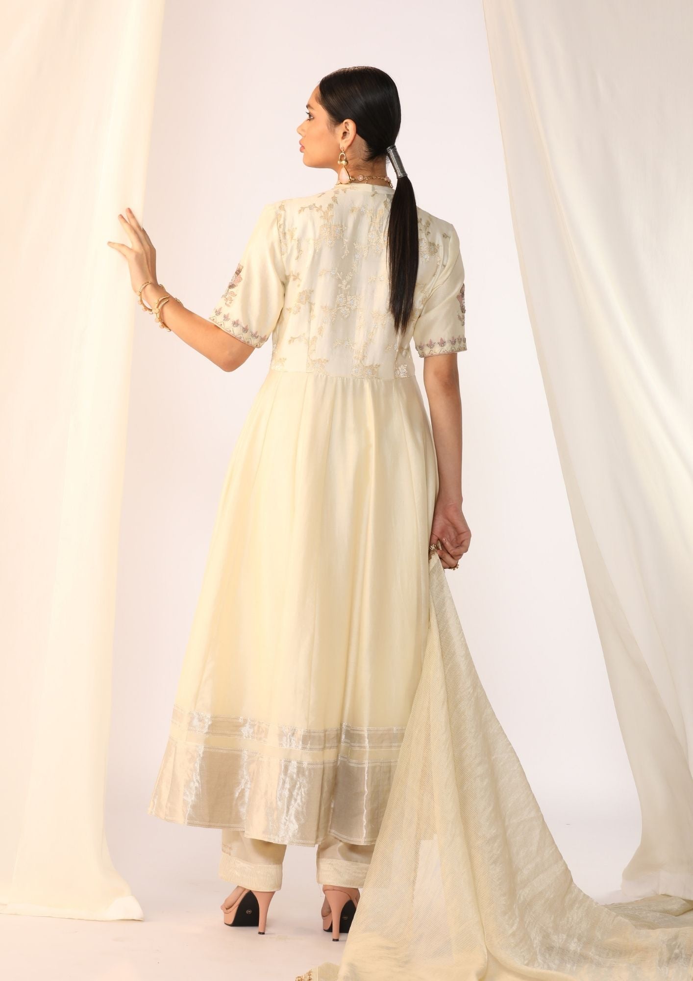 Embroidered Silk pearl white kurta paired with pants &  delicate organza dupatta