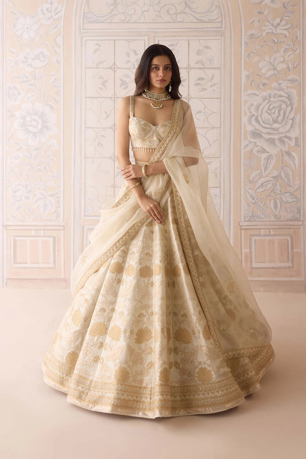 Raw silk ivory gold applique embroidered lehenga set with organza dupatta