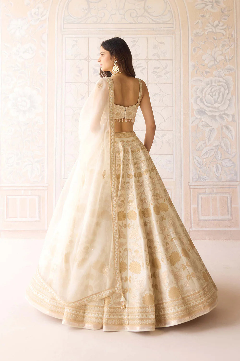 Raw silk ivory gold applique embroidered lehenga set with organza dupatta