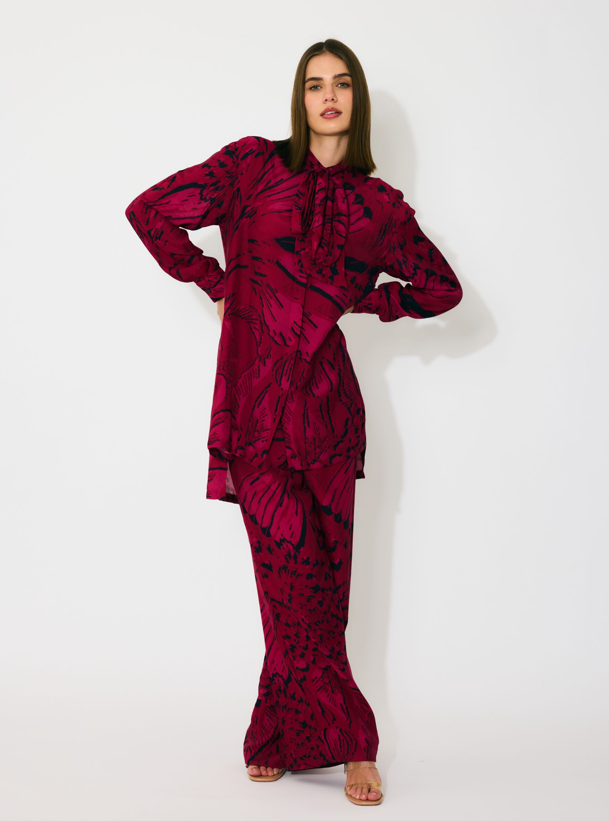 HOT PINK AND BLACK FLORAL BOW TIE SHIRT