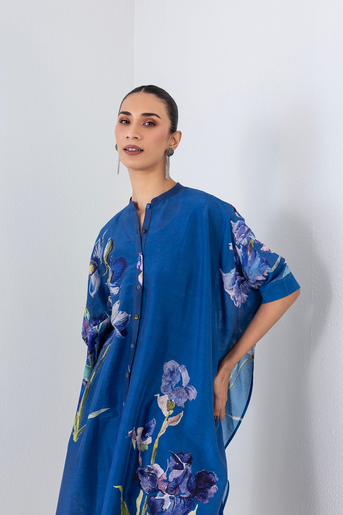 Blue Lagoon Silk Chanderi Floral Printed Kaftaan Set (2 Pcs)