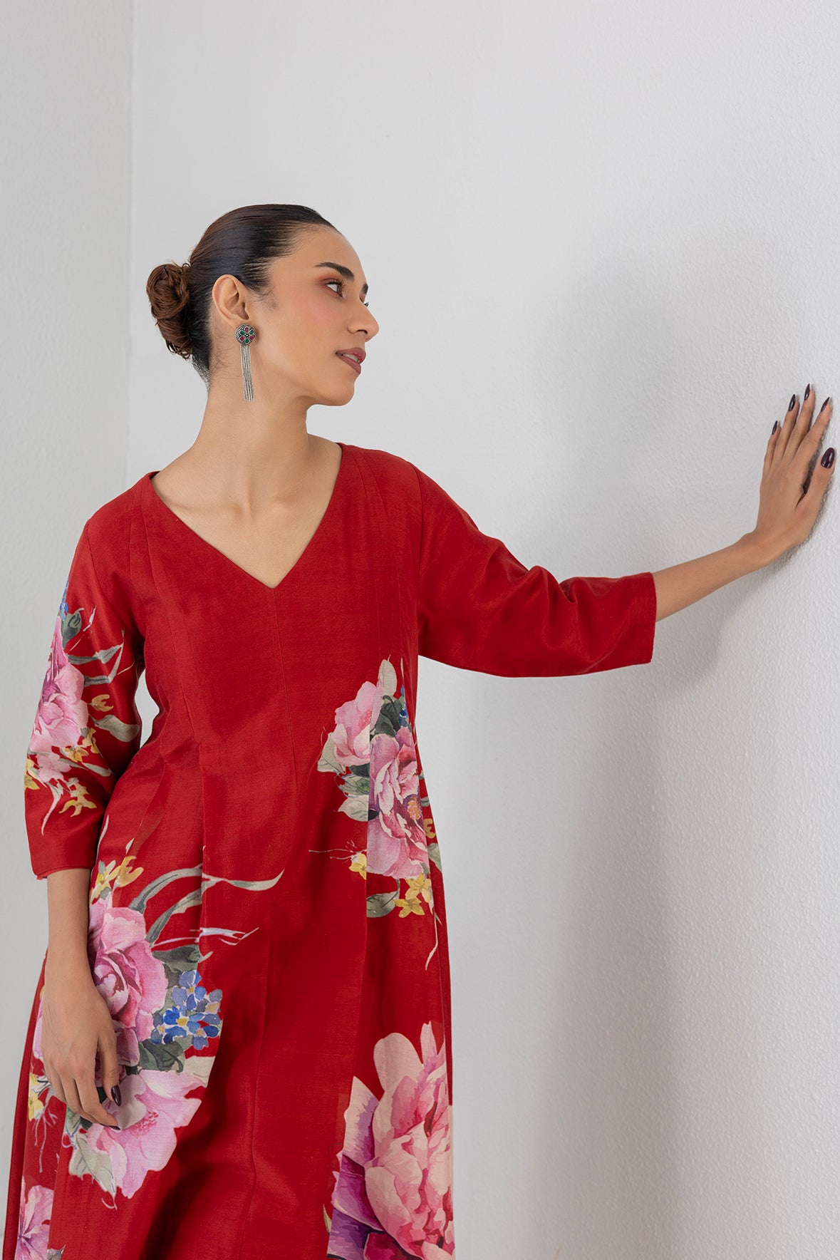 Crimson Flame Red Silk Chanderi China Rose Printed Dress