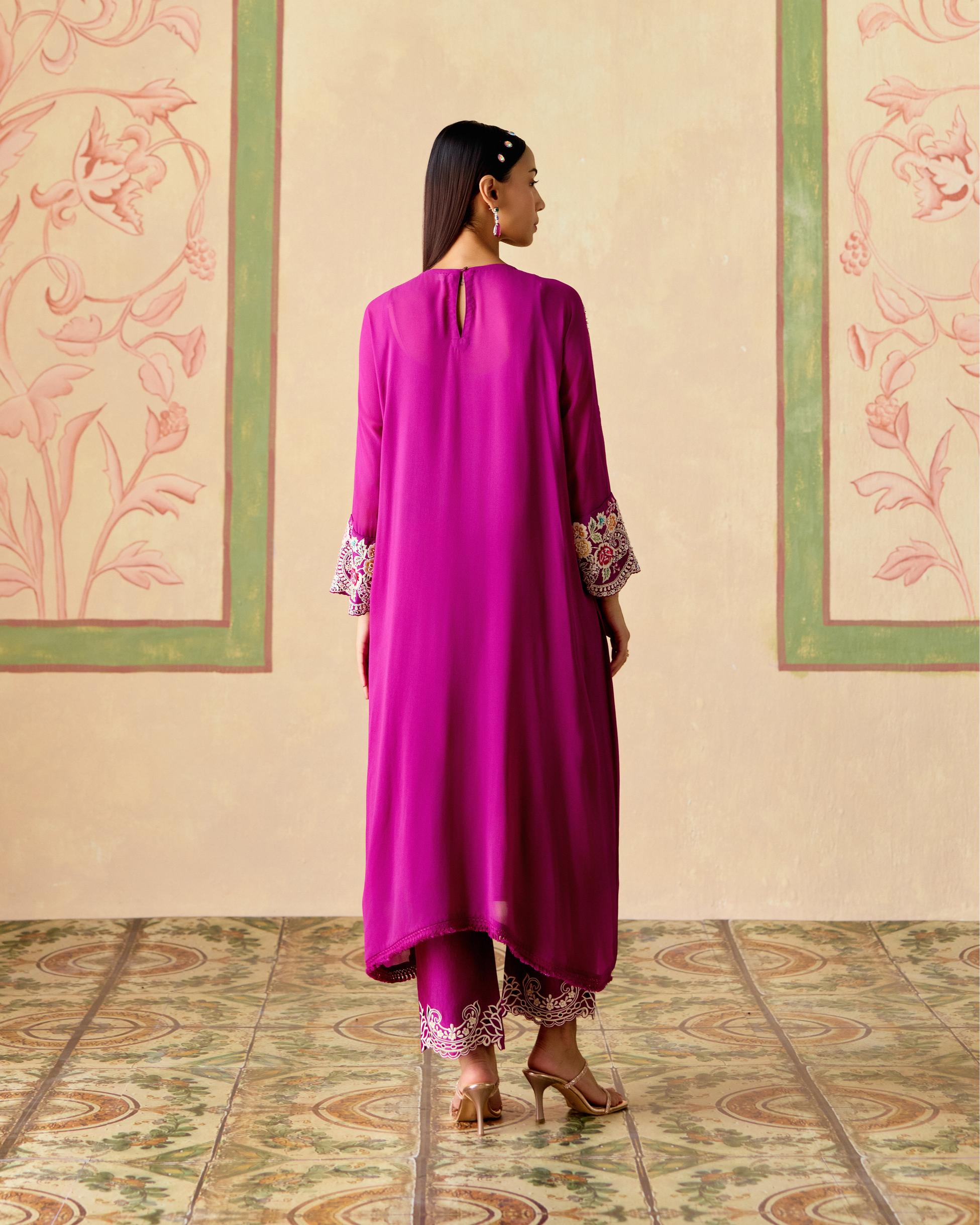 PURPLE CONTRAST EMBROIDERED KIMONO KURTA WITH NARROW PANTS