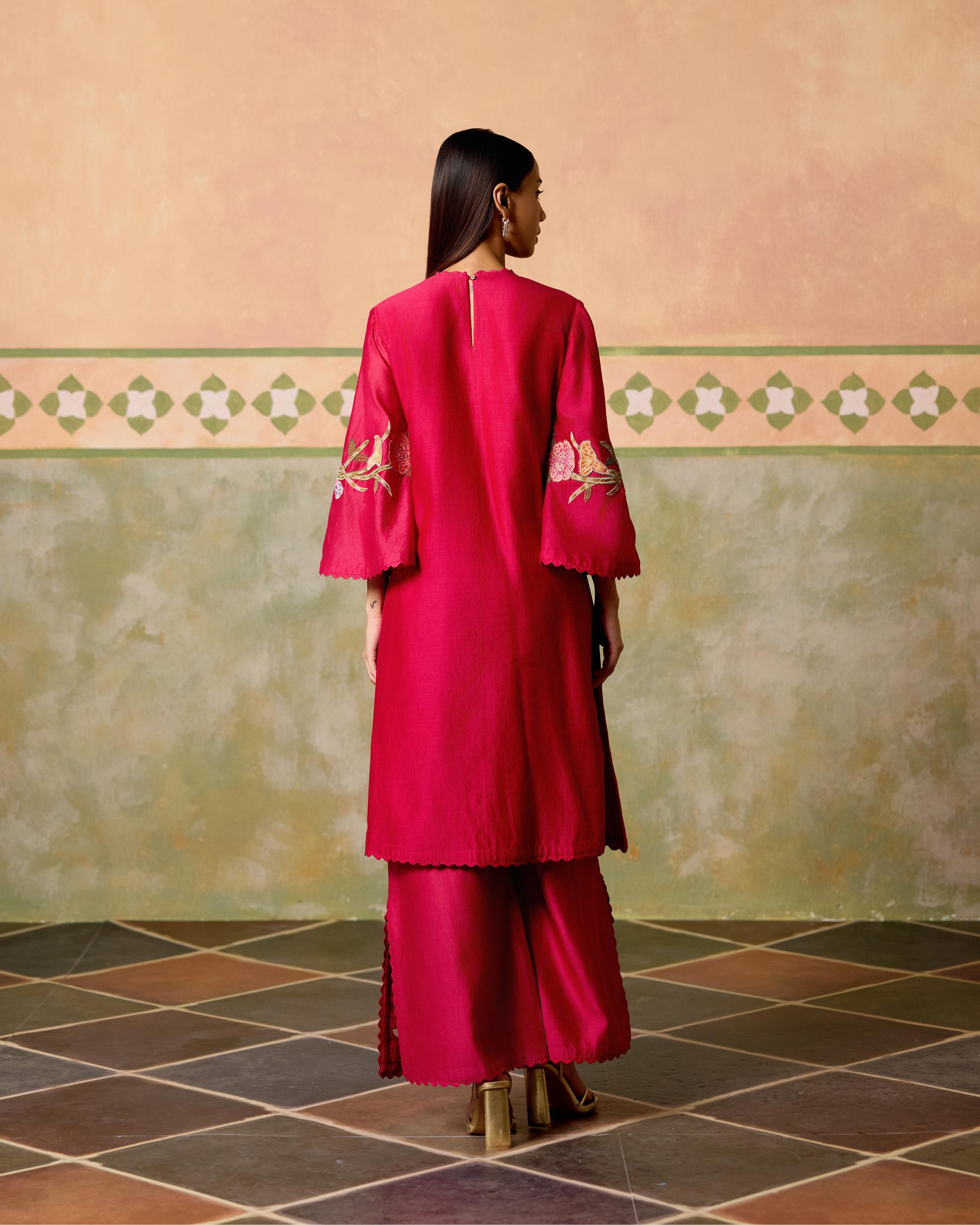 FUCHSIA MOSAIC FLORALS SHORT KURTA WITH CUTWORK FLARED PANTS