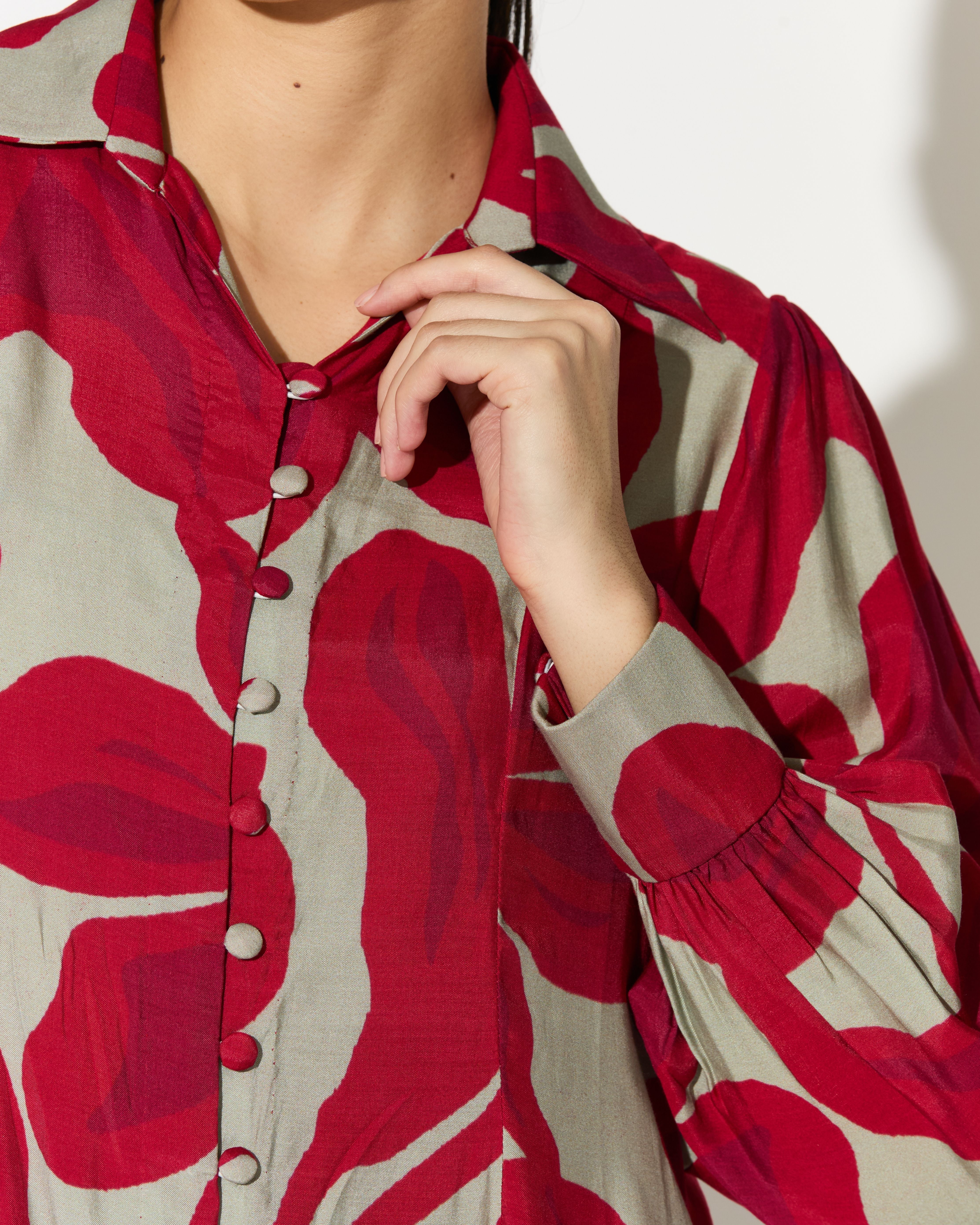 BEIGE AND HOT PINK FLORAL LONG SHIRT