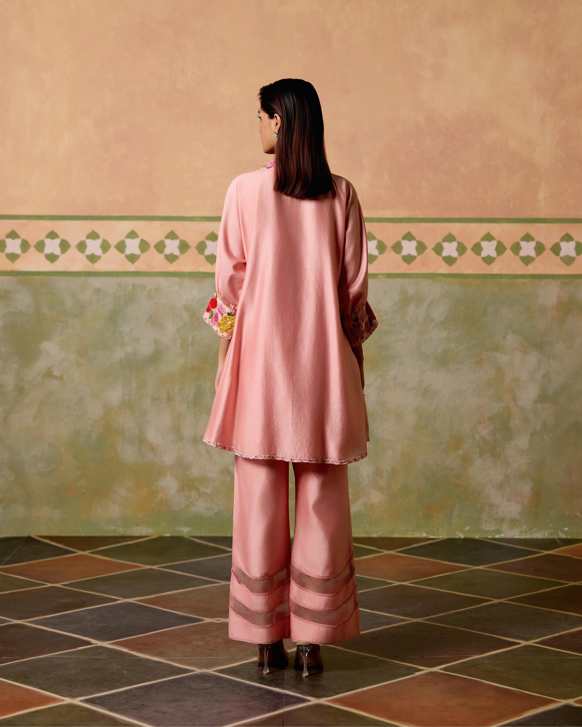 ROSE PINK THREADWORK AND BEADWORK TUNIC WITH SHEER DETAIL PANTS
