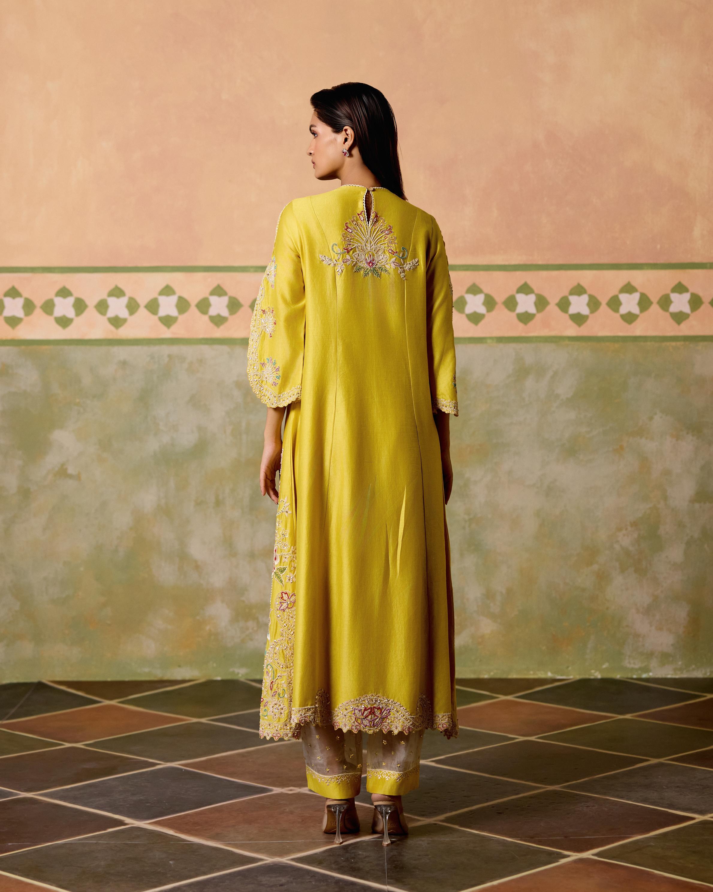 YELLOW CONTRAST CORDWORK FLARED LONG KURTA WITH SHEER PANEL PANTS