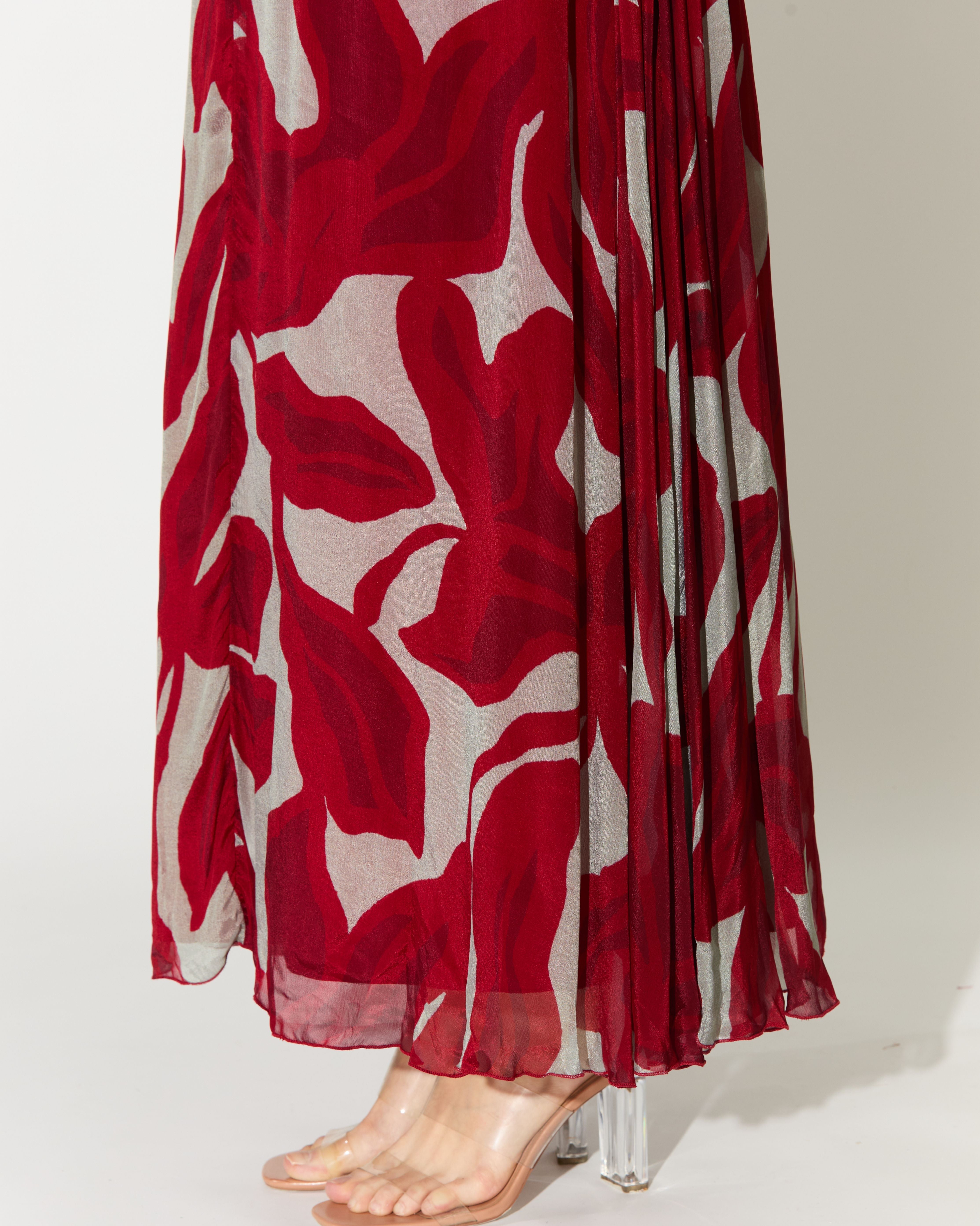 BEIGE AND HOT PINK FLORAL SLEEVELESS LONG DRESS