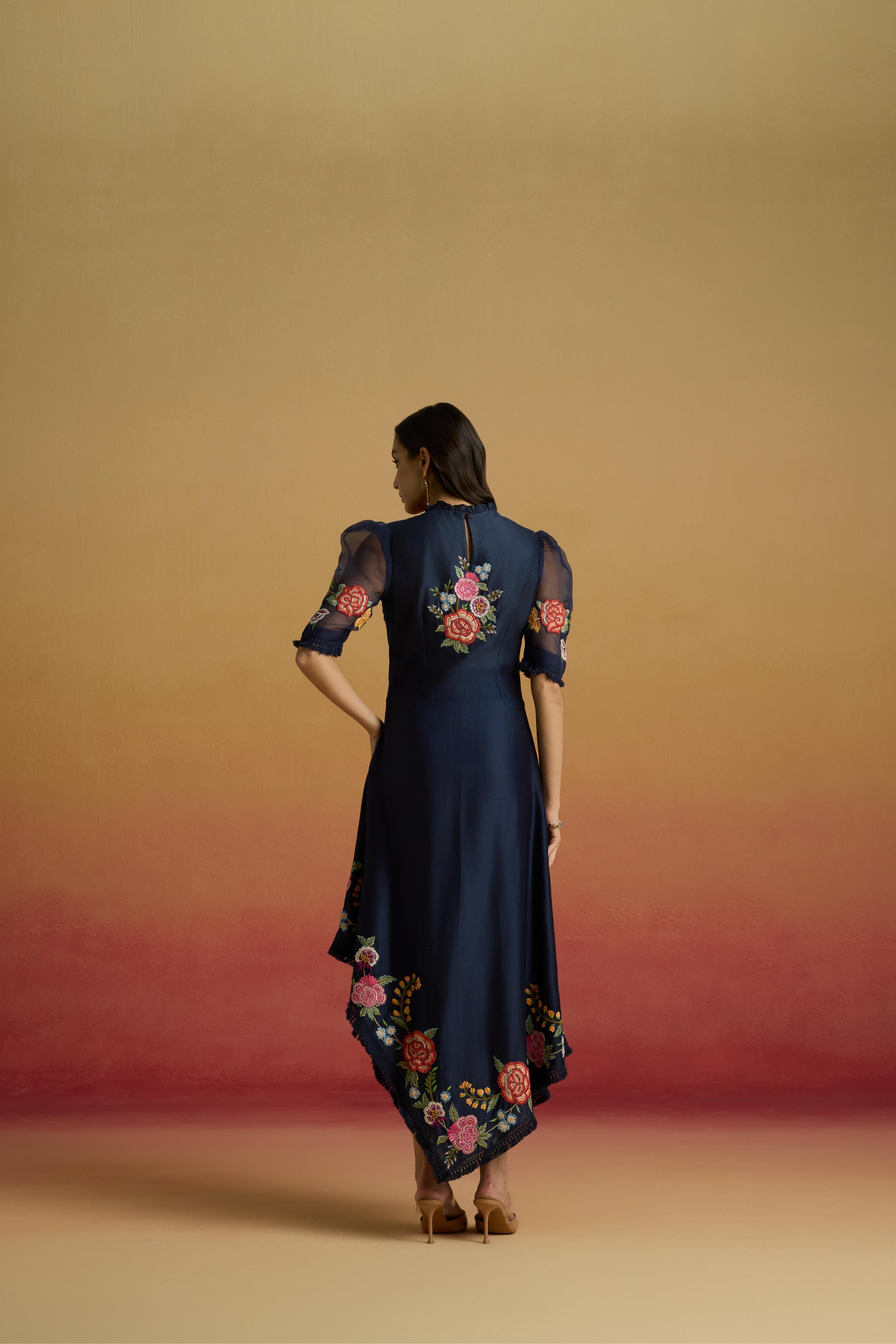 INDIGO FLORAL ASSYMETRIC DRESS